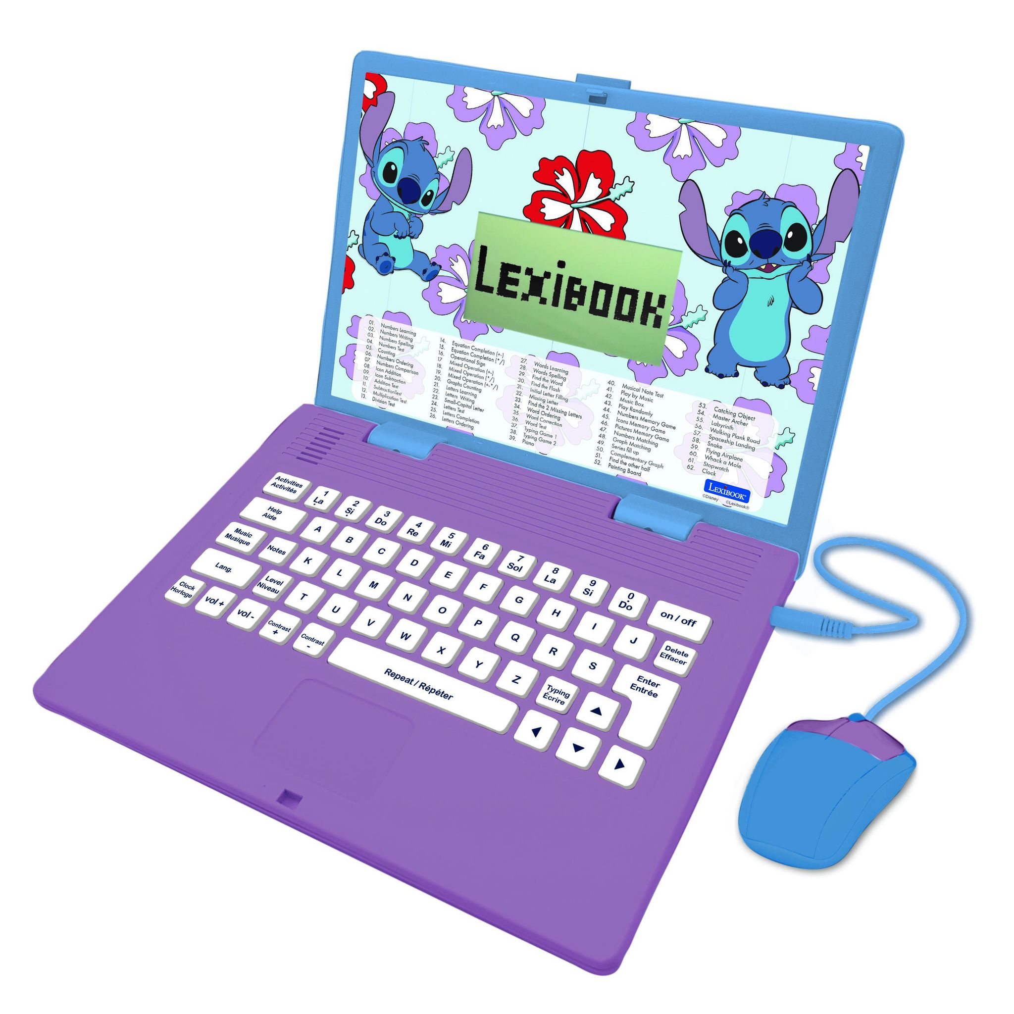 Lexibook Ordinateur portable éducatif parlant bilingue Stitch – 124 activités en français et anglais