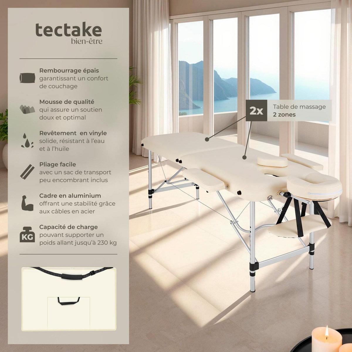 tectake Table de massage portable pliante 2 zones avec sac de transport inclus beige