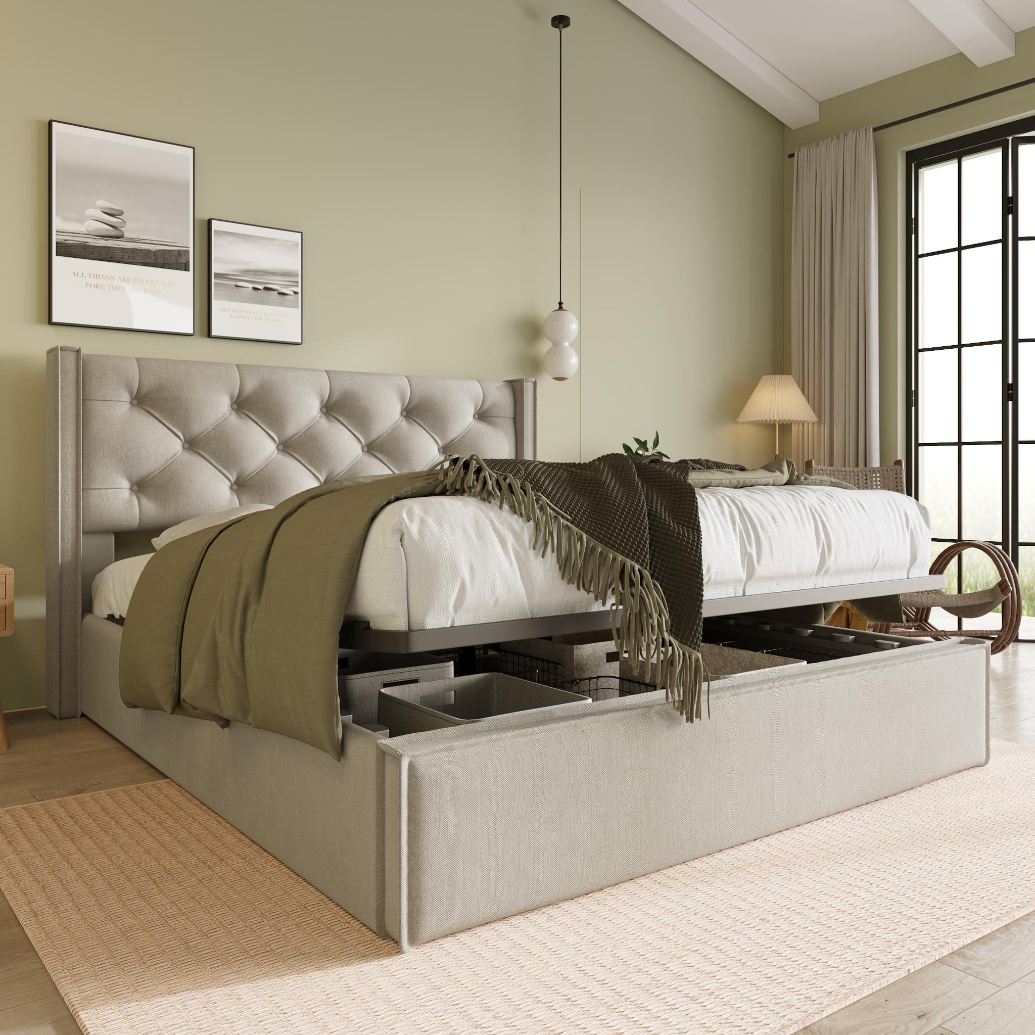 MERAX Lit coffre avec sommier. Coloris disponibles : Gris