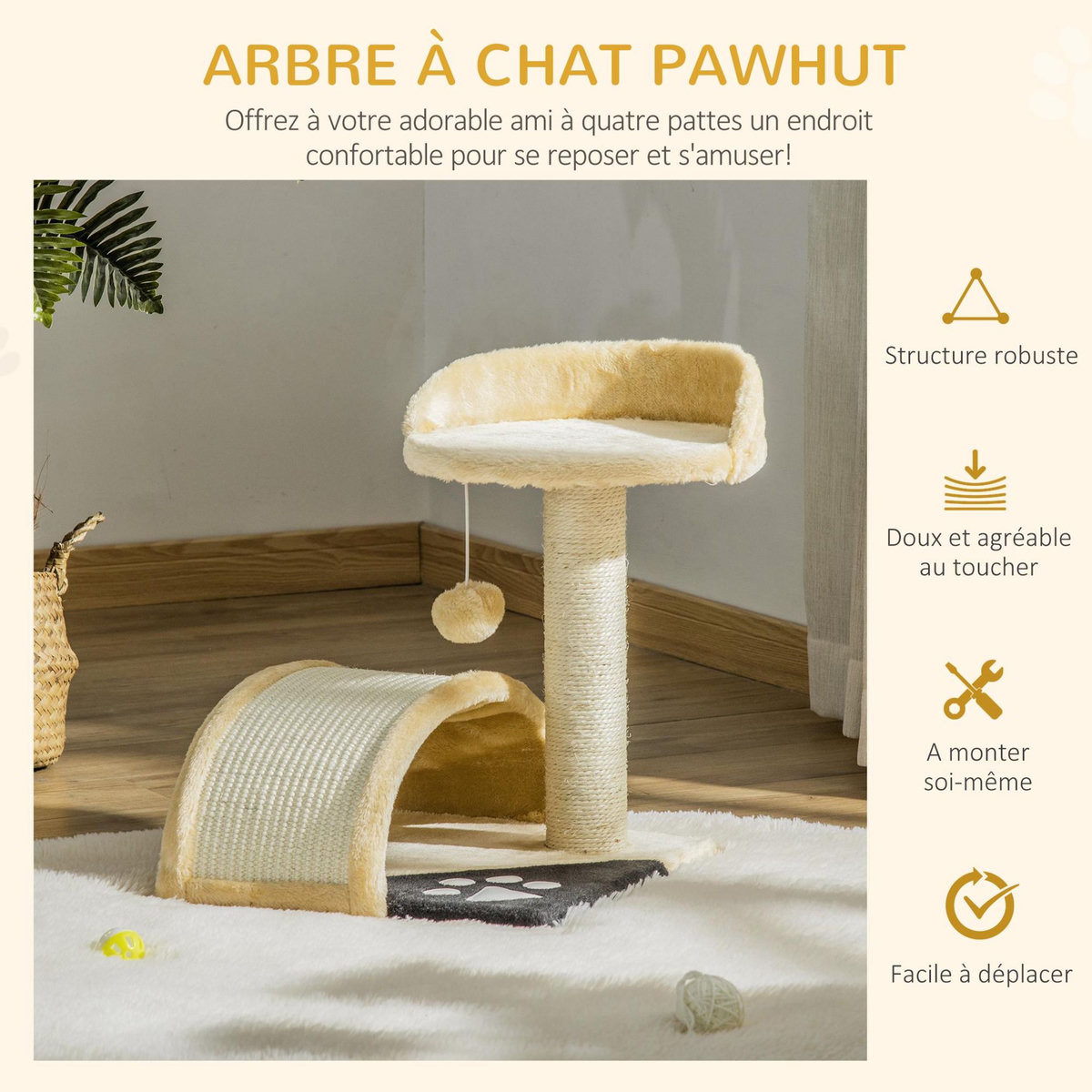 PAWHUT Arbre à chat griffoir grattoir design jeu boule suspendue + plateforme peluche sisal naturel beige