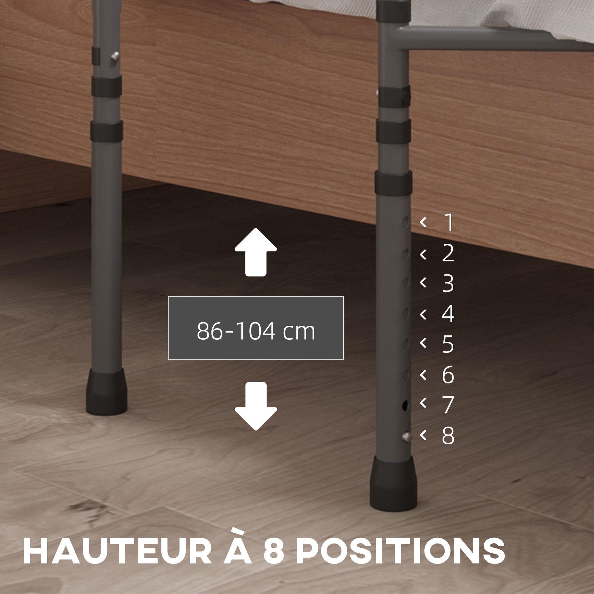 Voir la diapositive 4 : HOMCOM Barre de redressement de lit réglable en hauteur - poignée d'appui pour le lit - barre d'appui de lit - acier PU gris noir