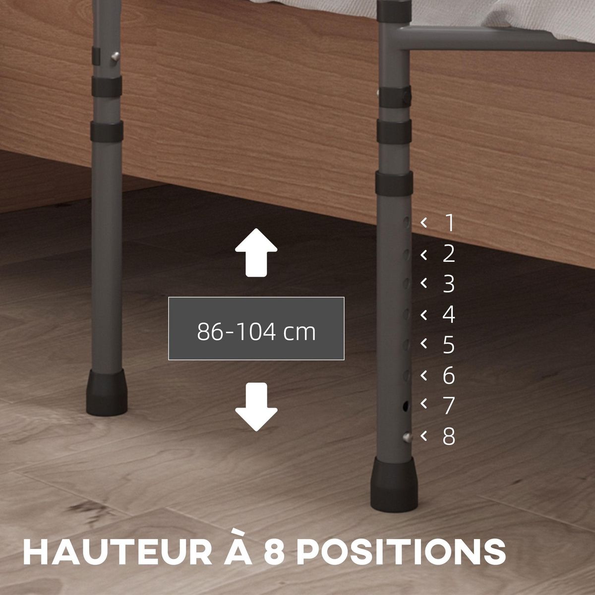 HOMCOM Barre de redressement de lit réglable en hauteur - poignée d'appui pour le lit - barre d'appui de lit - acier PU gris noir