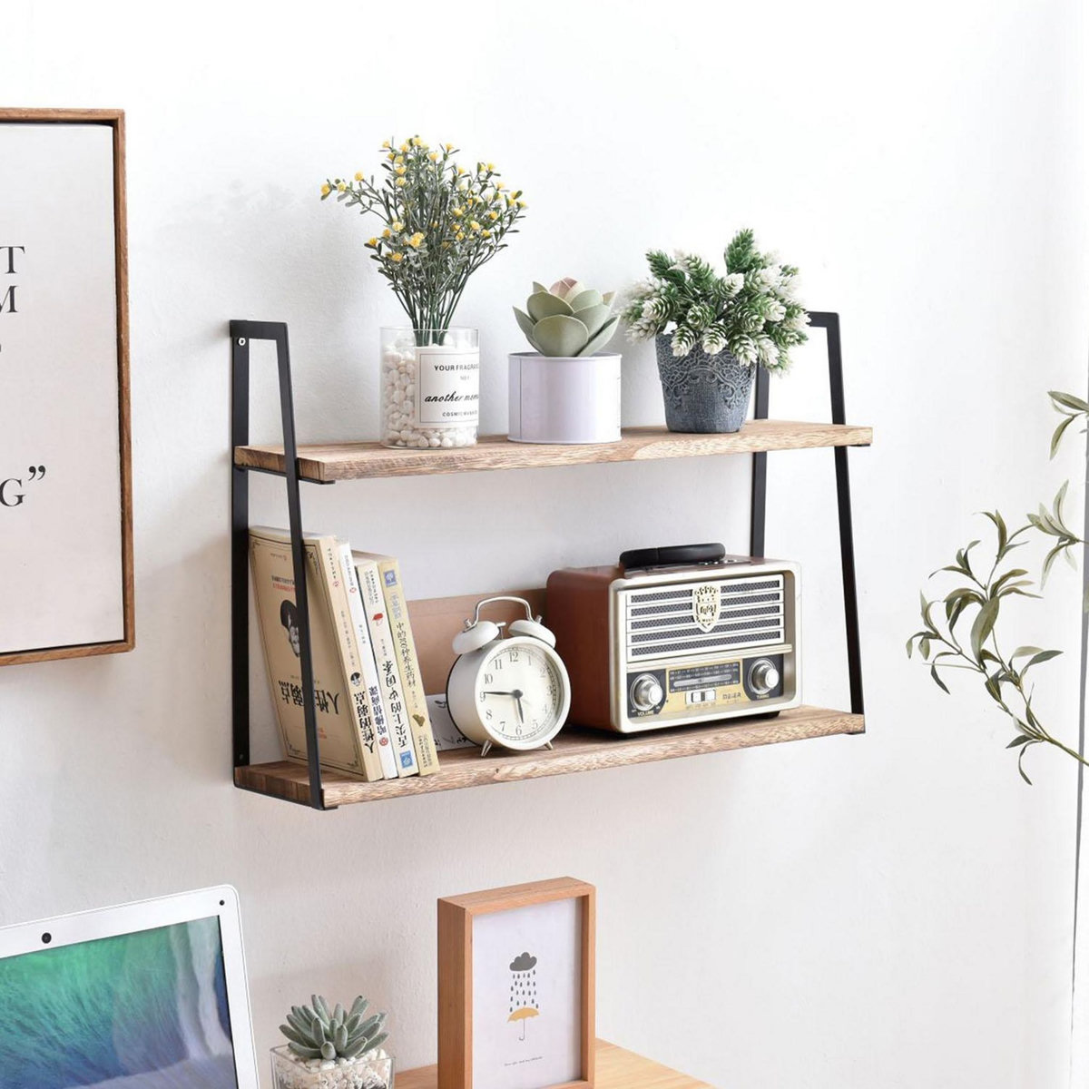 VS VENTA-STOCK Set de 2 étagères murales Eloi 2 niveaux, bois de paulownia