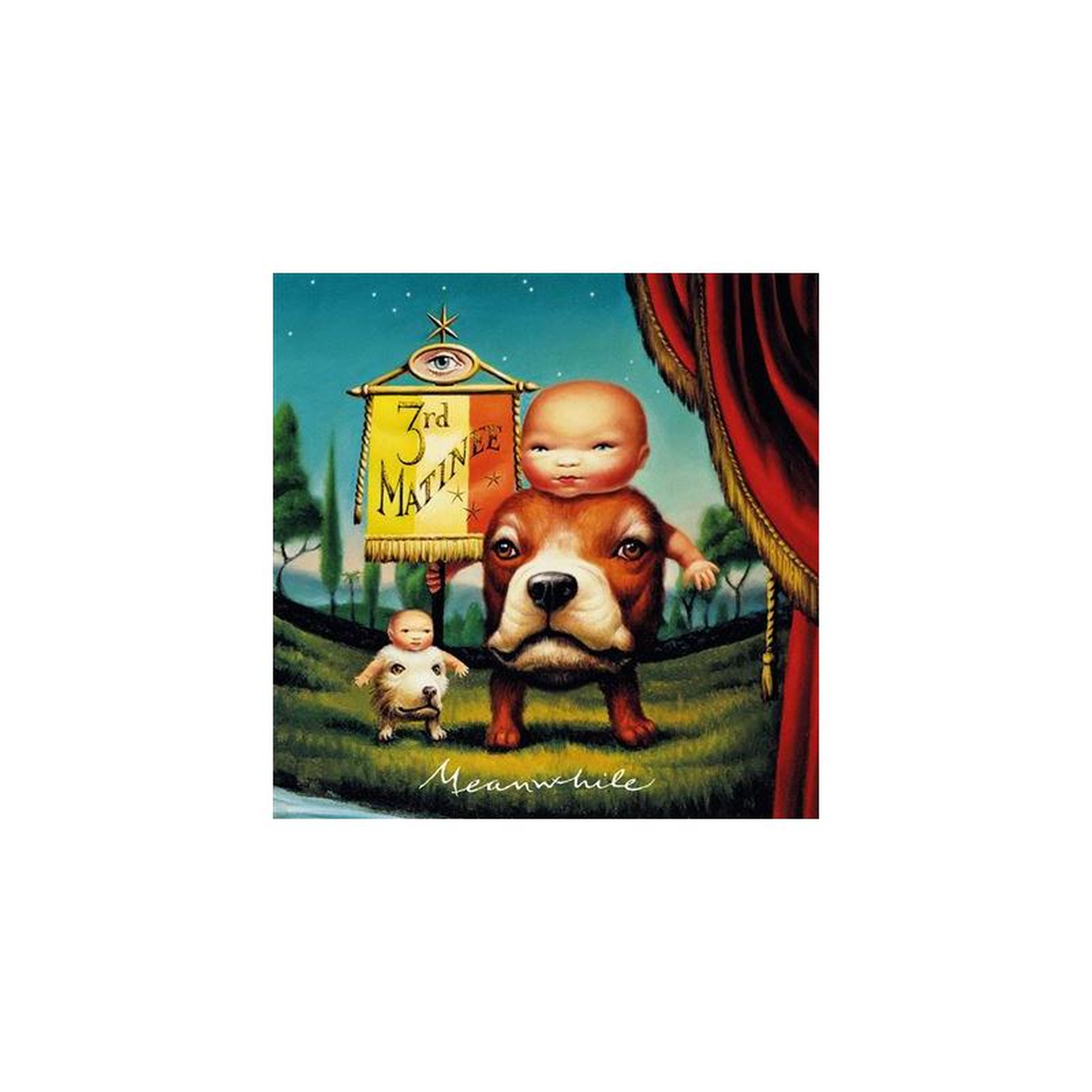 Vinyle meanwhile rouge translucide – illustration chien et personnage bébé, texte meanwhile et 3rd