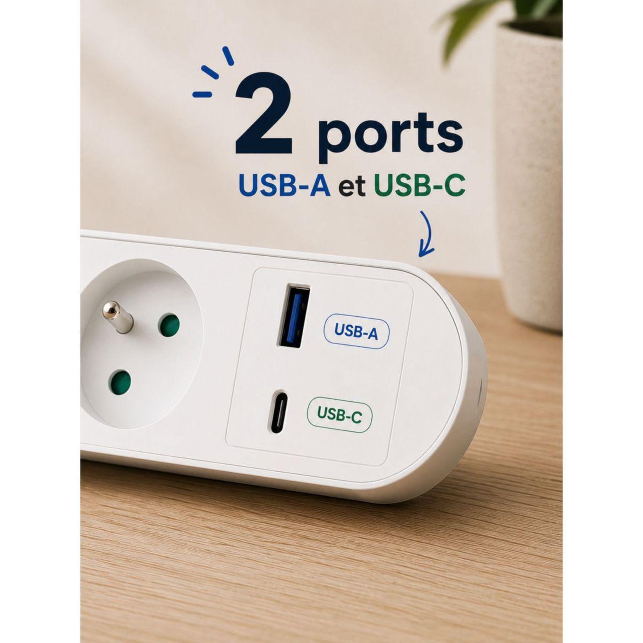 Voir la diapositive 3 : ESSENTIEL B Multiprise 5 prises + port usb-c et usb-a 20w