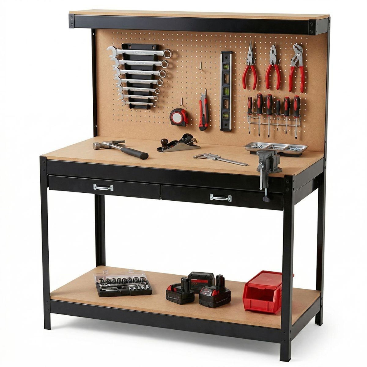 Proweltek Etabli d'atelier Panneau porte outils perforé Charge 100kg Etagère + Tiroir de rangement Bricolage 120x60 xH150cm PROWELTEK