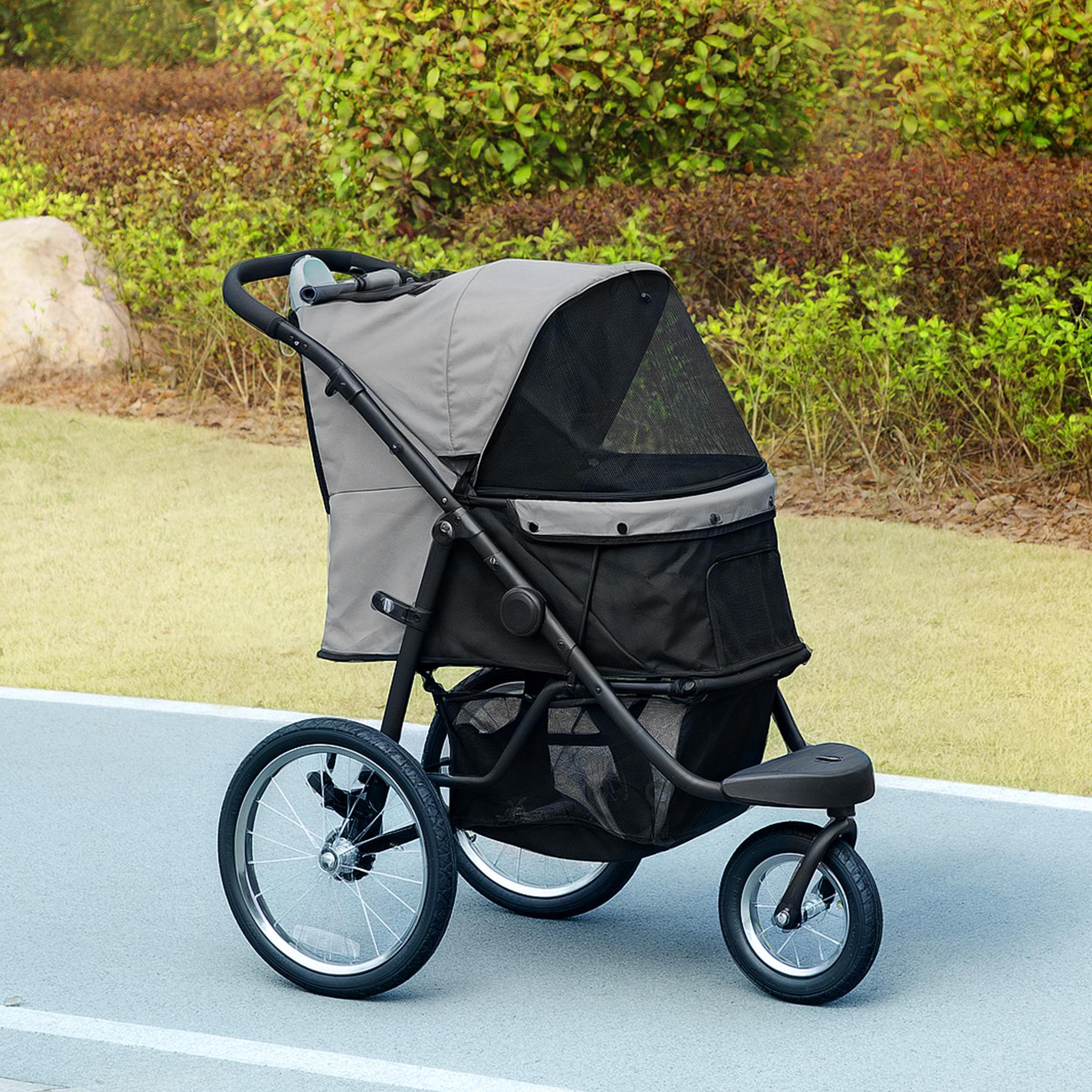 Voir la diapositive 2 : PAWHUT Poussette jogger pour chien pliable en un clic - panier de rangement, coussin lavable, attache, auvent réglable - gris