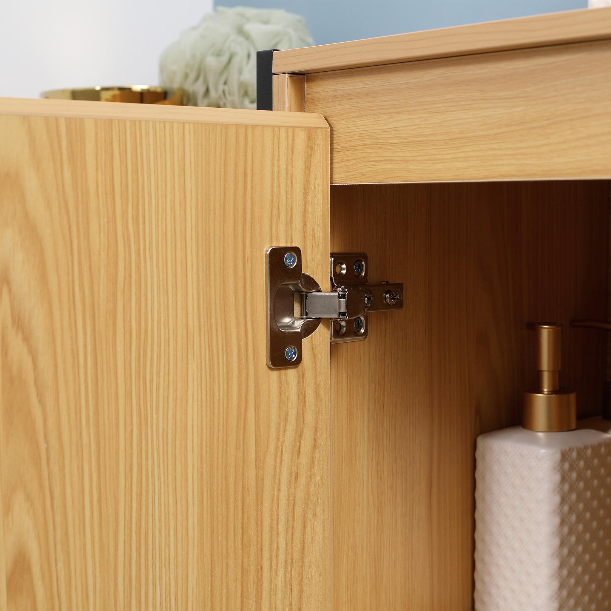 Voir la diapositive 5 : KLEANKIN Meuble salle de bain - porte, étagère, 3 niches - dim. 60L x 28l x 80H cm - châssis acier noir panneaux aspect bois clair