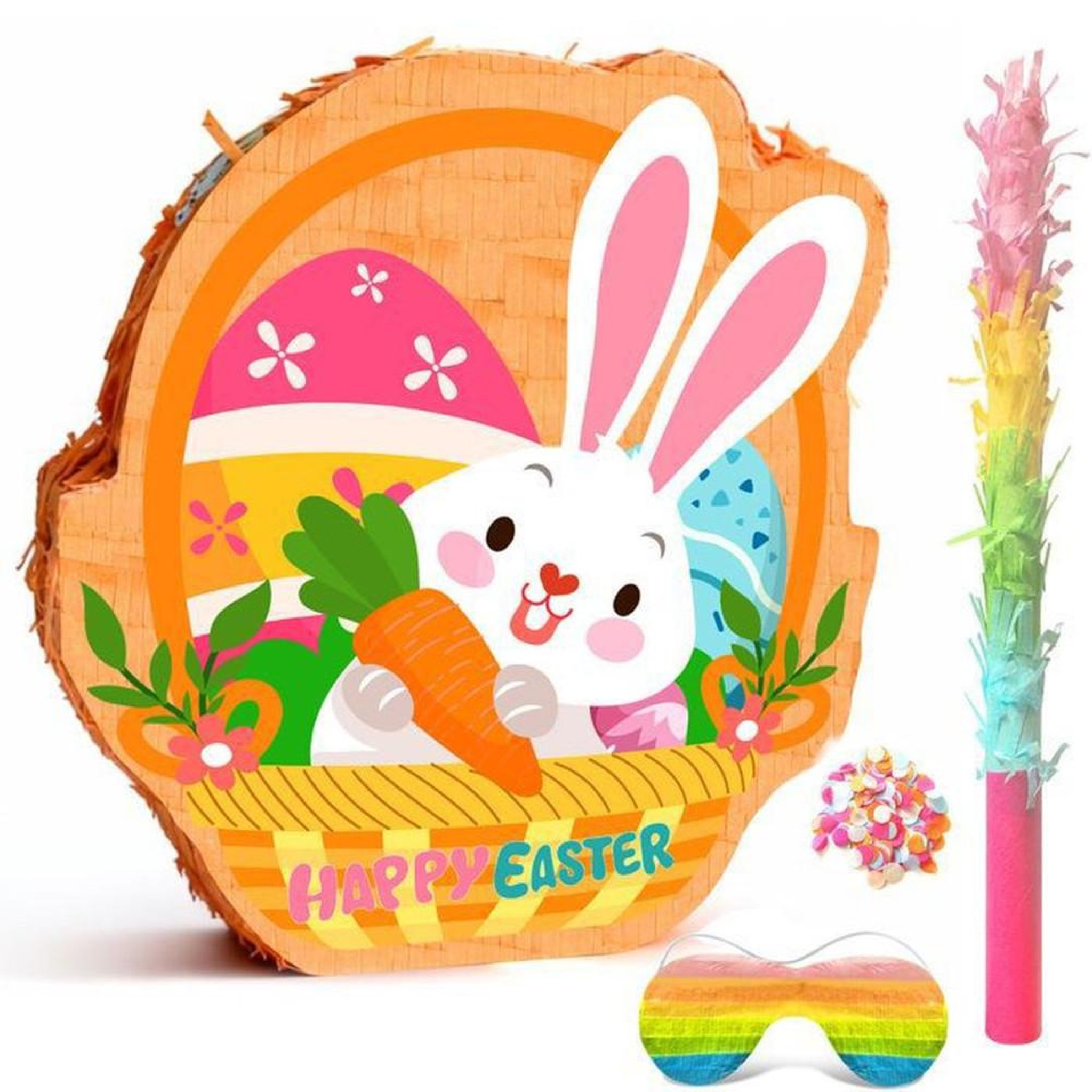 Piñata ronde Lapin de Pâques suspendue multicolore avec masque, bâton et confettis, kit de décoration intérieure 35 cm