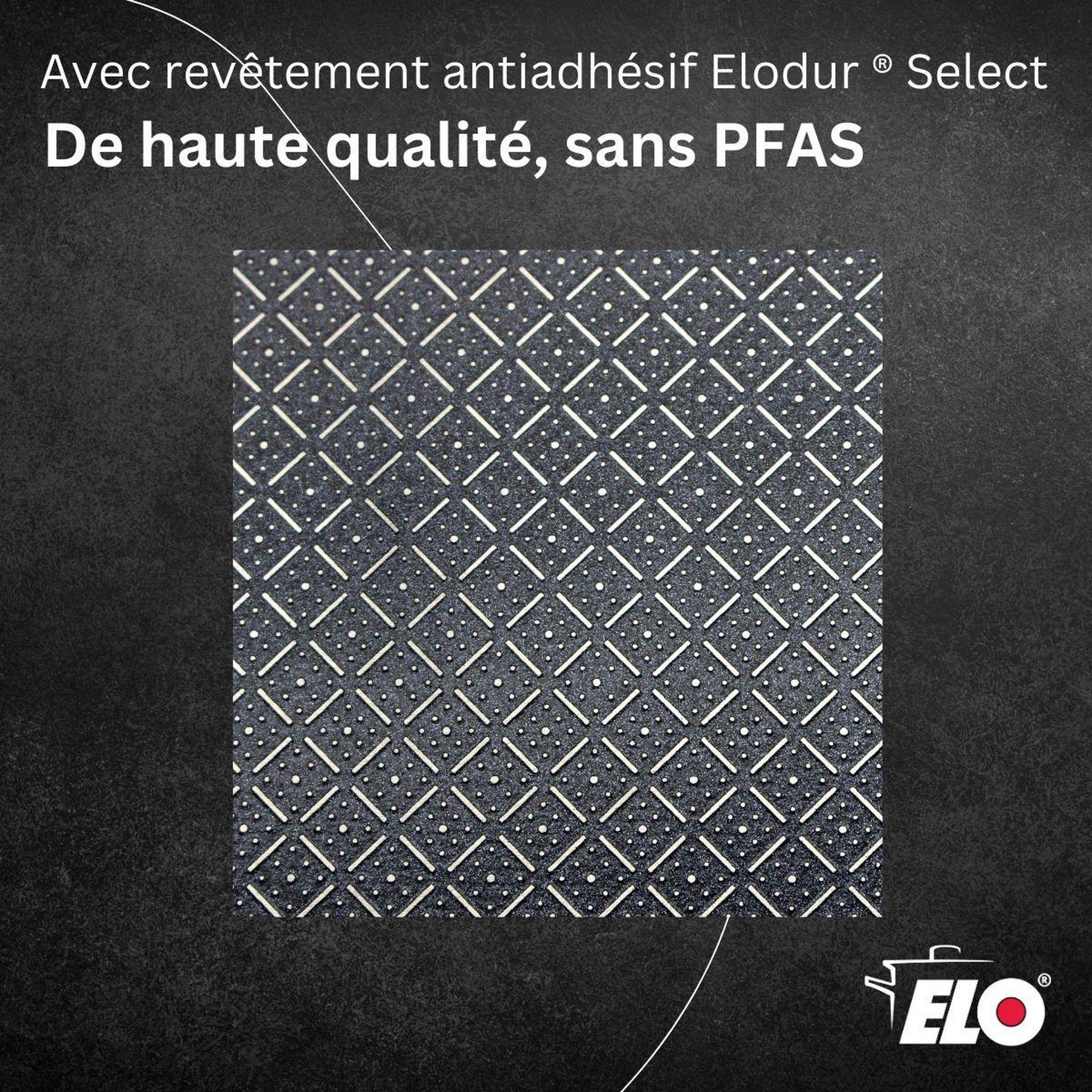 Voir la diapositive 5 : ELO Batterie de cuisine avec 2 poêles de cuisson 24/32 cm et 1 faitout 20 cm en inox sans pfas elo collection relief solution brillant