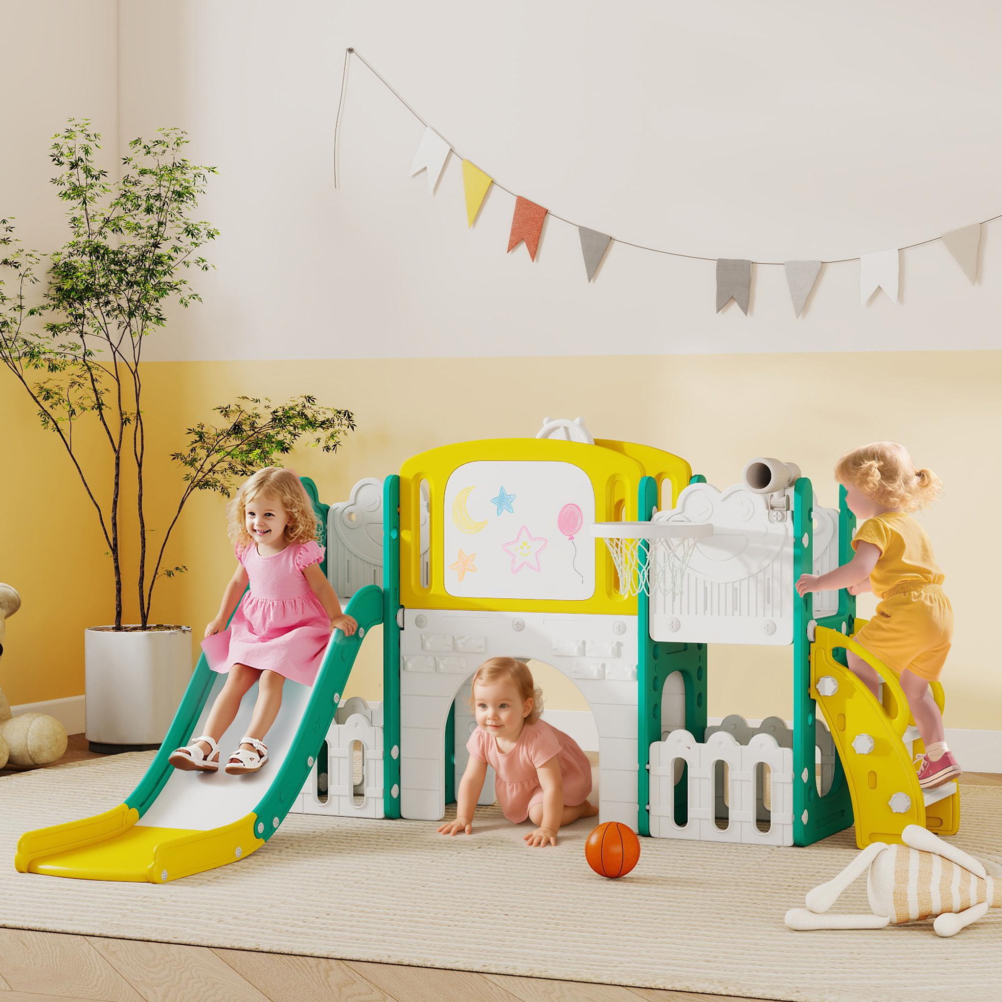 Voir la diapositive 6 : HOMCOM Portique aire de jeu enfant 7 en 1 HDPE blanc jaune vert