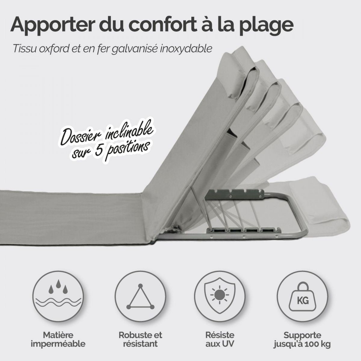 LINXOR Matelas, transat, tapis de plage avec dossier inclinable et sac de transport