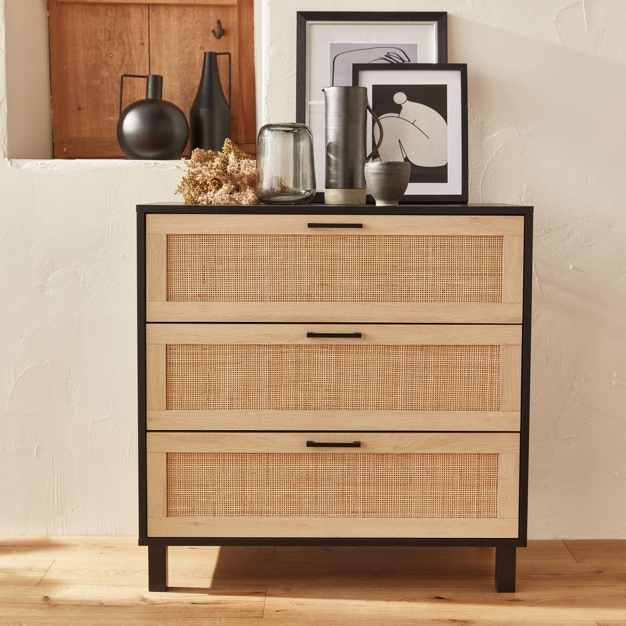 Voir la diapositive 2 : SWEEEK Commode noire et cannage 80 x 40 x 80cm - Bianca - 3 tiroirs
