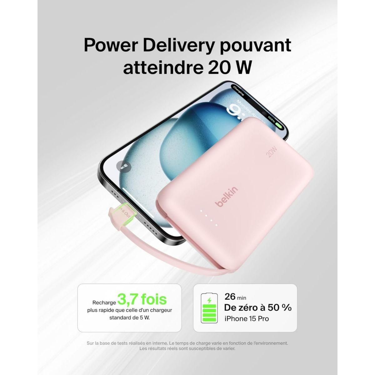 Belkin Batterie externe 10000 mAh avec cable USB-C intégre pink