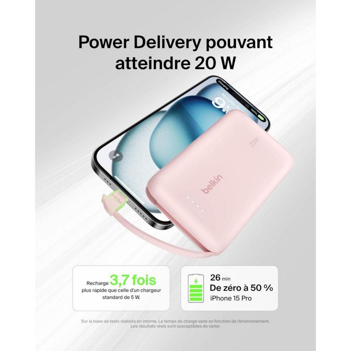 Belkin Batterie externe 10000 mAh avec cable USB-C intégre pink