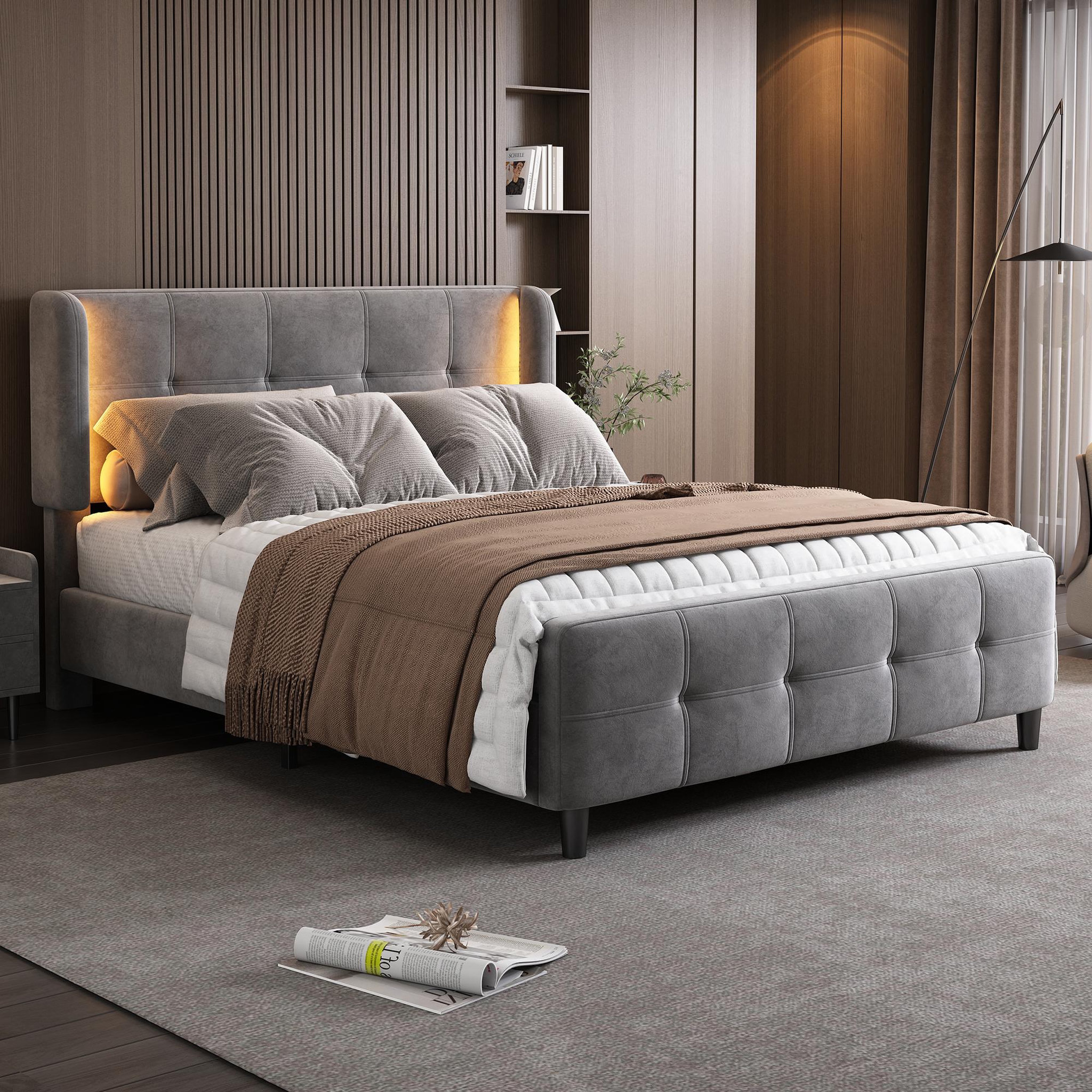 Voir la diapositive 5 : MERAX Lit 2 places rembourré 140x200cm velours coloris gris led