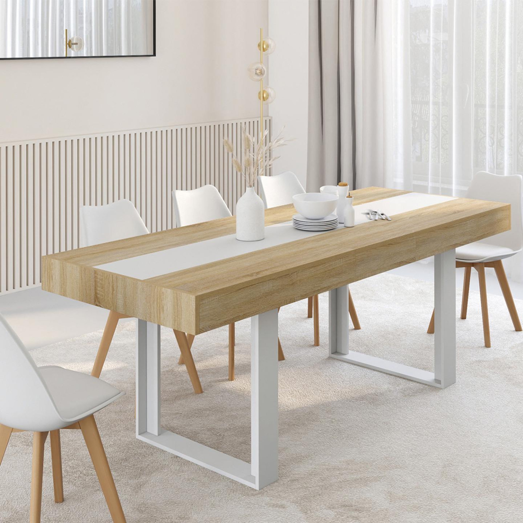 Voir la diapositive 2 : ID MARKET Table à manger extensible rectangle phoenix 4-8 personnes bois et blanc bande centrale blanche 160-200 cm