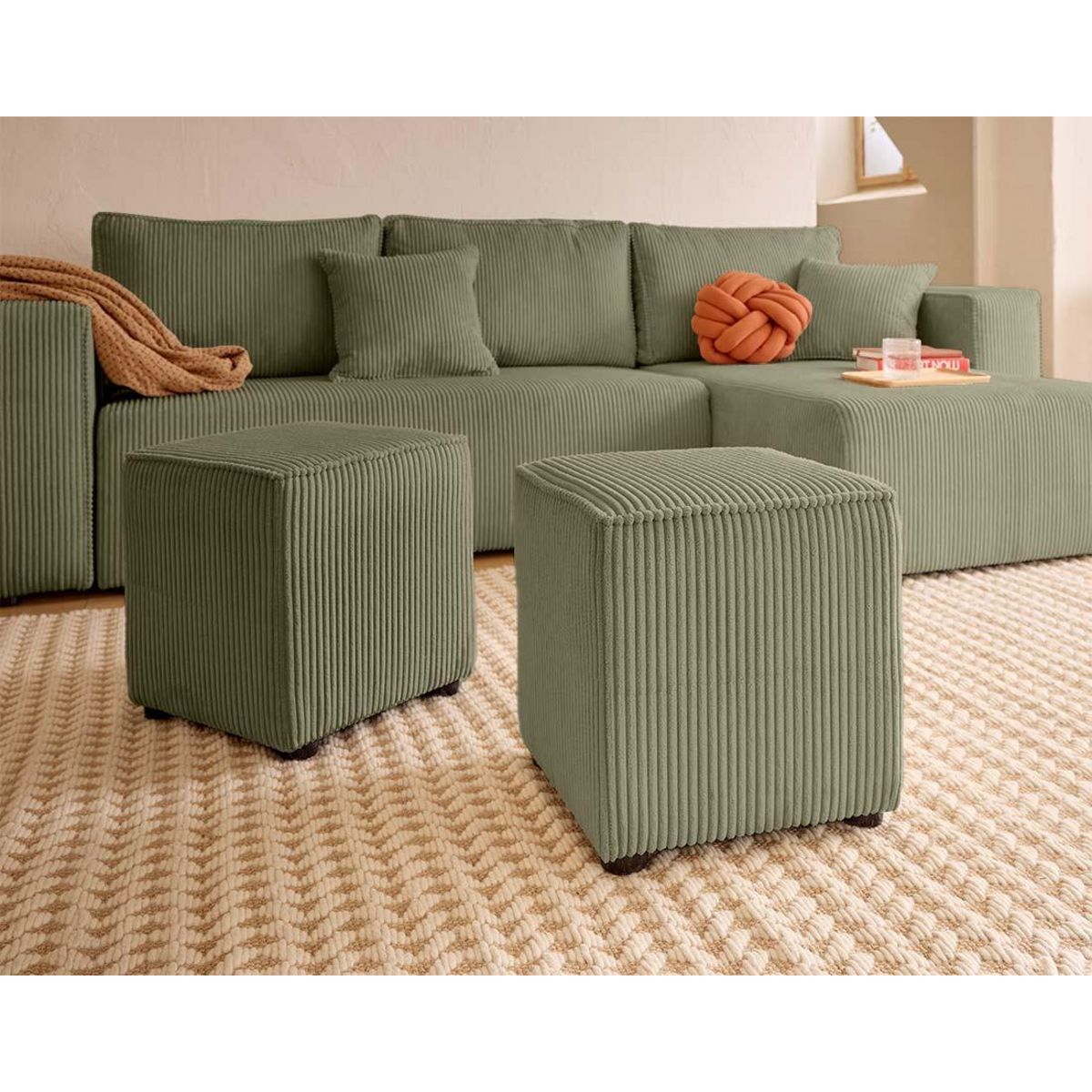 BEST MOBILIER Topaze - canapé d'angle réversible 4 places - convertible avec coffre, tablette et poufs - en velours côtelé