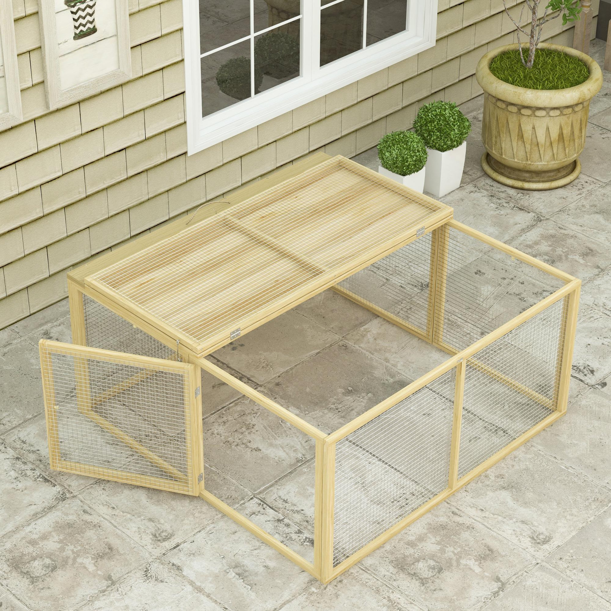 Voir la diapositive 4 : PAWHUT Clapier pliable avec poignée - cage à lapin - toit ouvrant, porte - 120 x 120 x 57 cm - acier bois autoclave