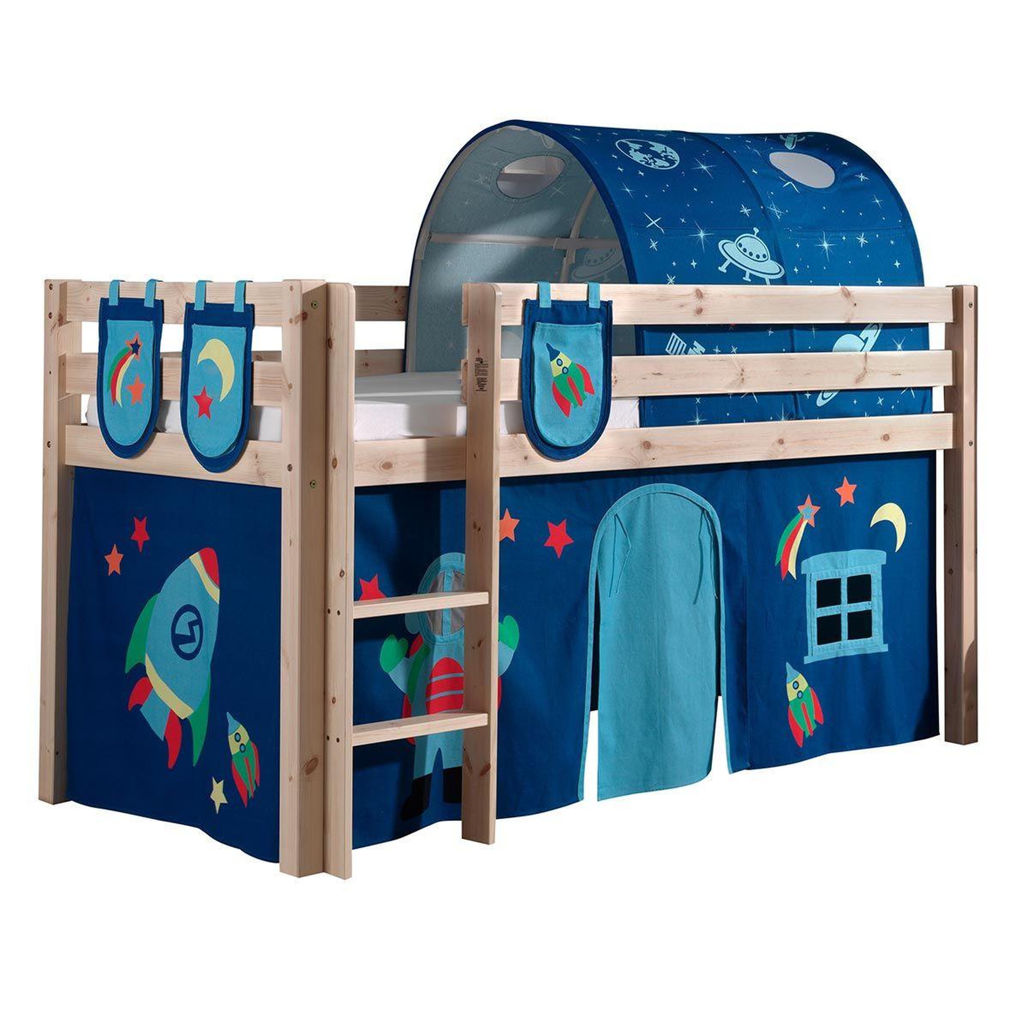 Voir la diapositive 1 : Paris Prix Pack - Lit Enfant Surélevé, Tente, 3 Pochettes & Tunnel  Pino Astronaute II  Naturel
