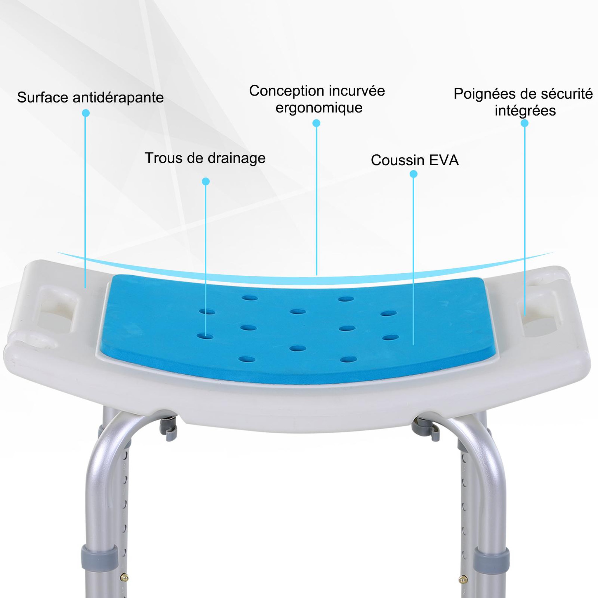 Voir la diapositive 5 : HOMCOM Siège de douche réglable en hauteur tabouret de douche ergonomique pieds antidérapants charge max. 135 kg alu hdpe blanc bleu