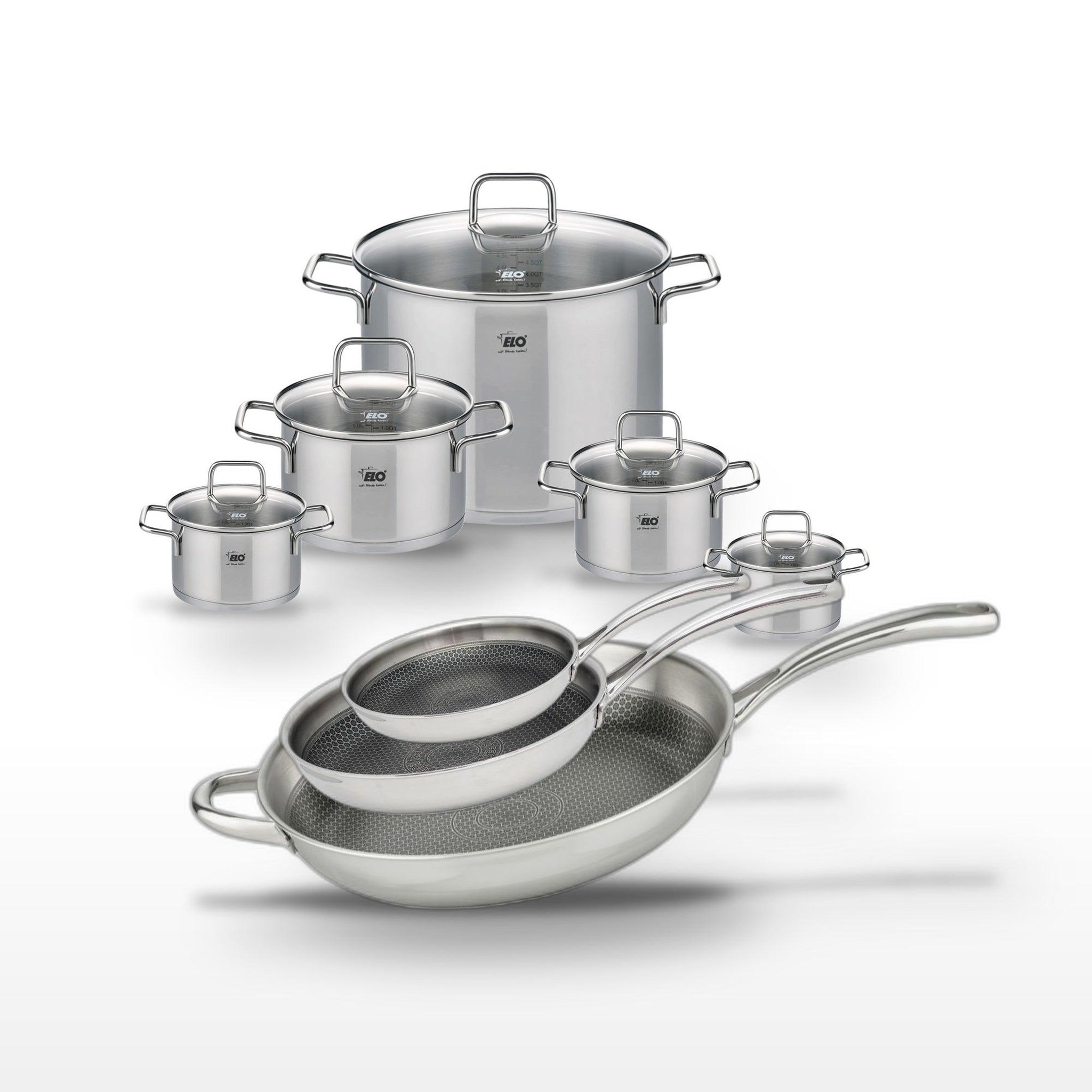 ELO Lot de 3 poêles elo relief evolution 24, 28, 32cm et 5 faitouts elo citrin