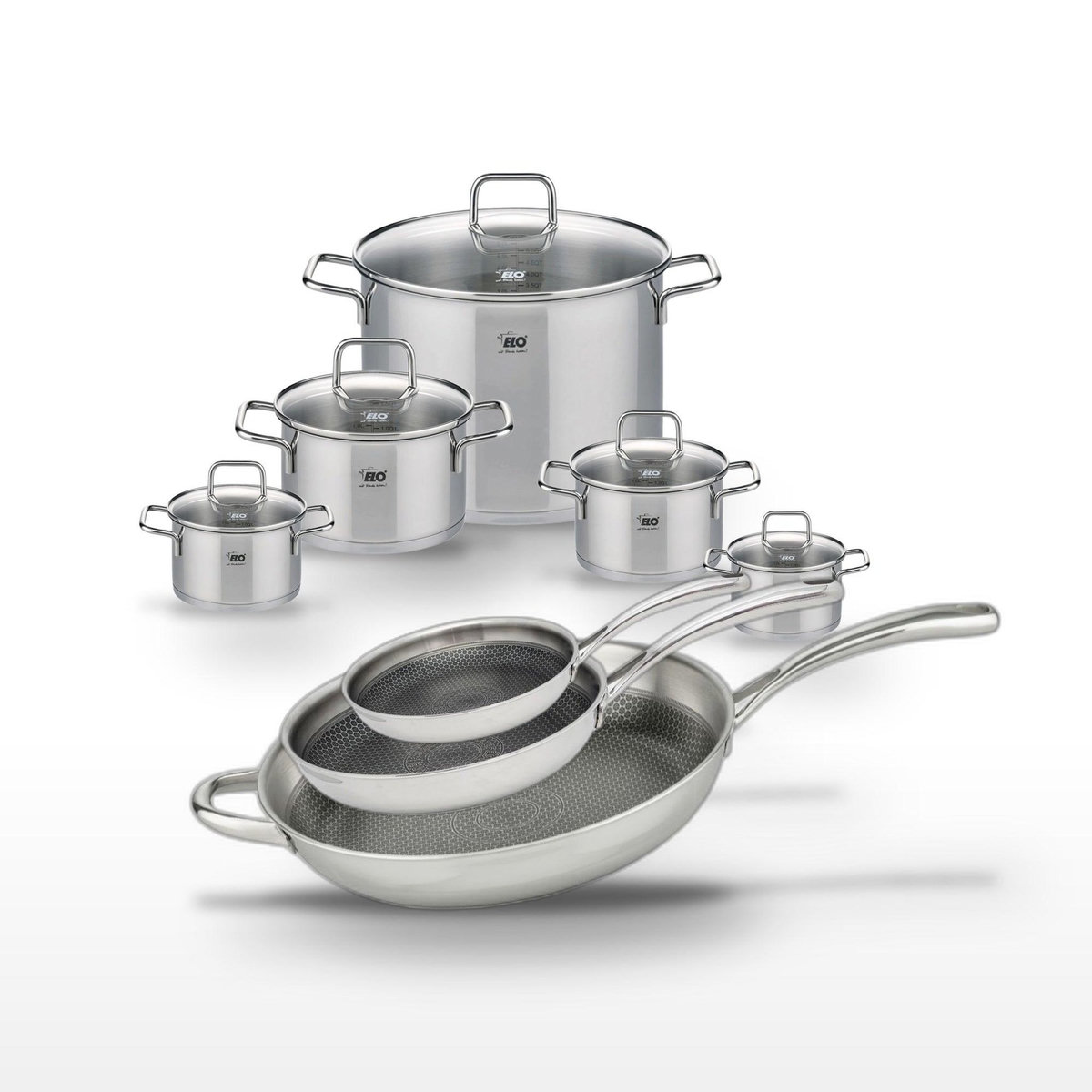 ELO Lot de 3 Poêles Elo Relief Evolution 24, 28, 32cm et 5 Faitouts Elo Citrin