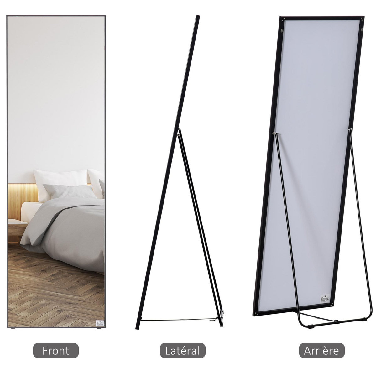 HOMCOM Miroir sur pied ou mural rectangulaire grande taille dim. 50L x 37l x 158H cm verre métal noir