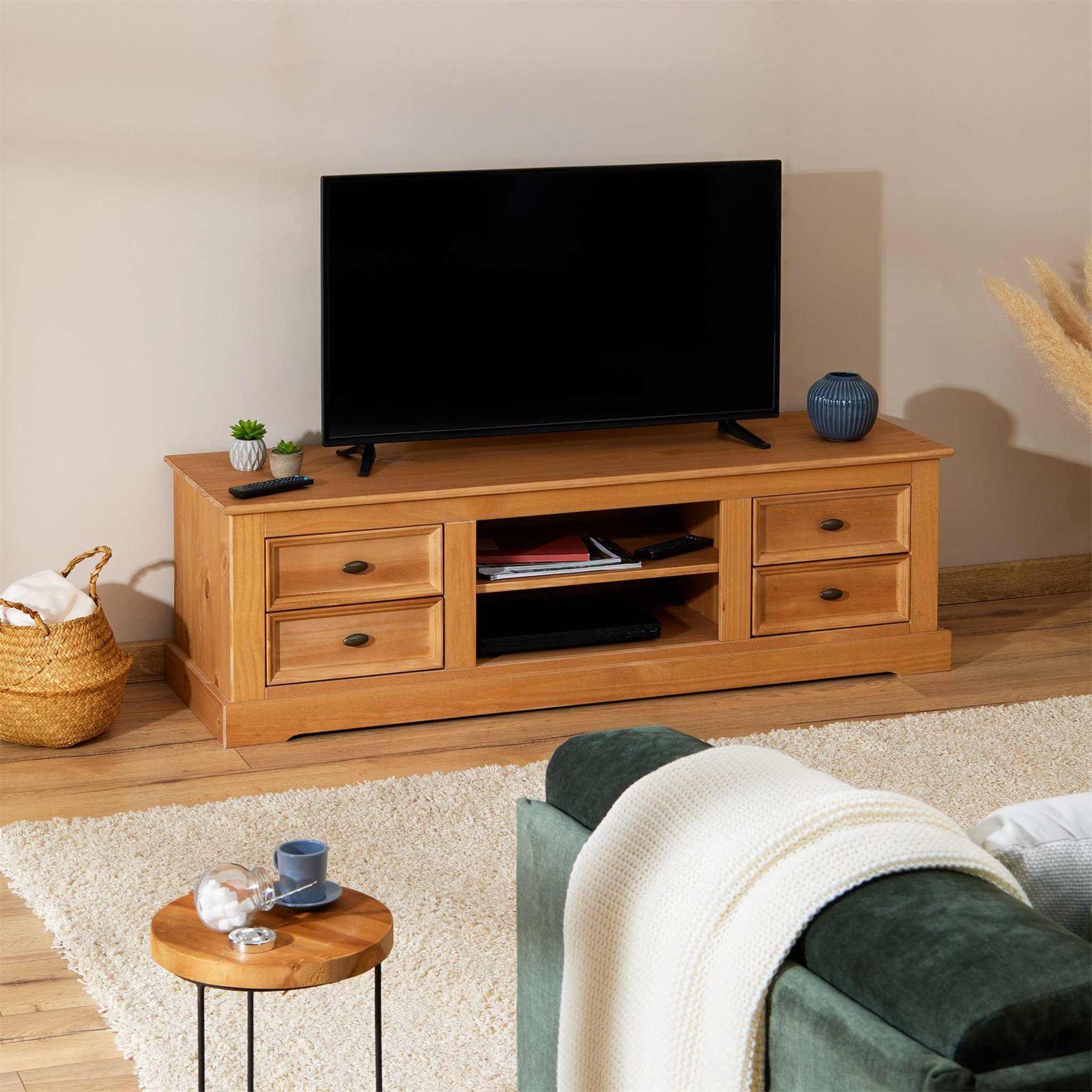 Voir la diapositive 2 : IDIMEX Meuble TV KENT en pin massif, avec 4 tiroirs