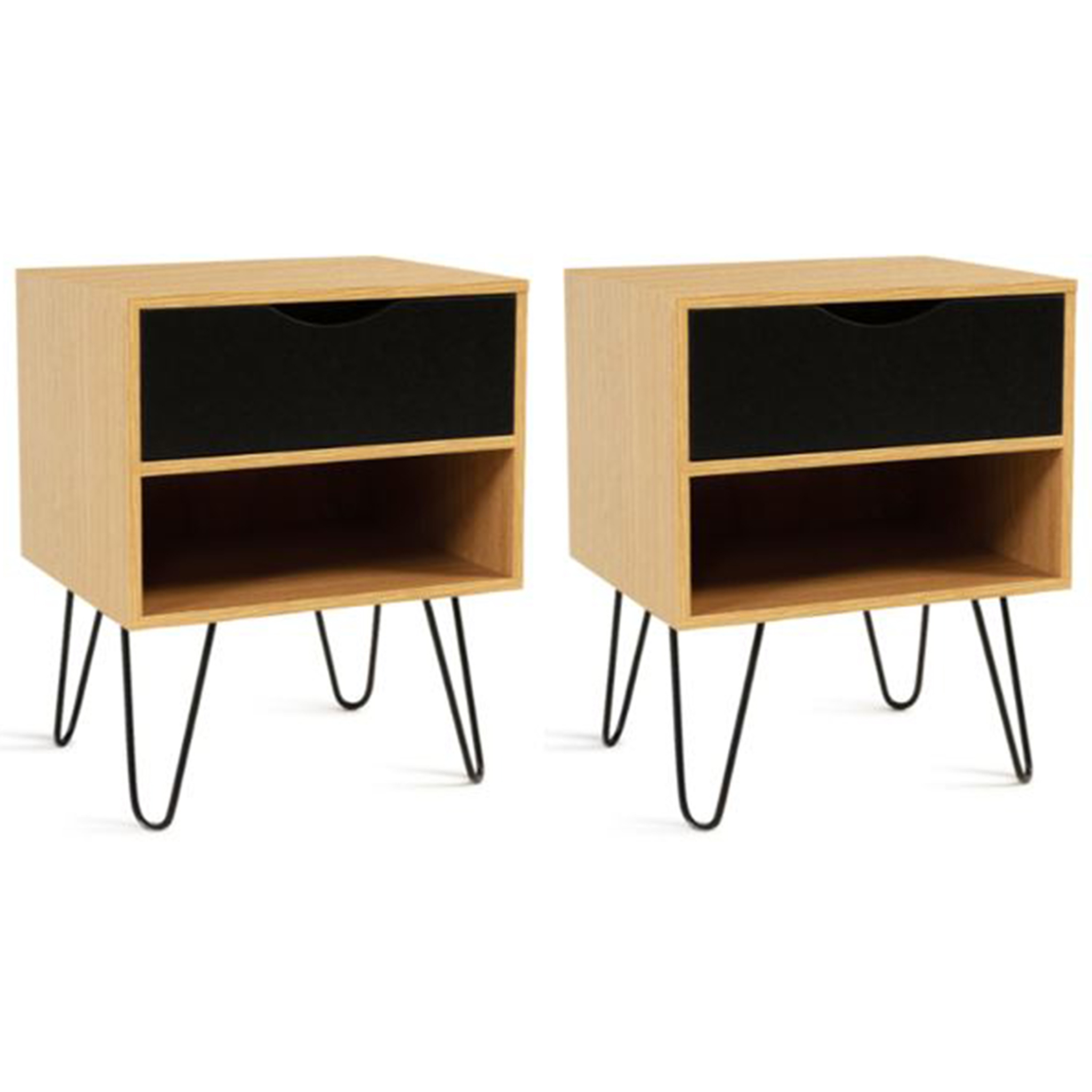 ID MARKET Lot de 2 tables de chevet noemi 1 tiroir avec niche bois pied épingle