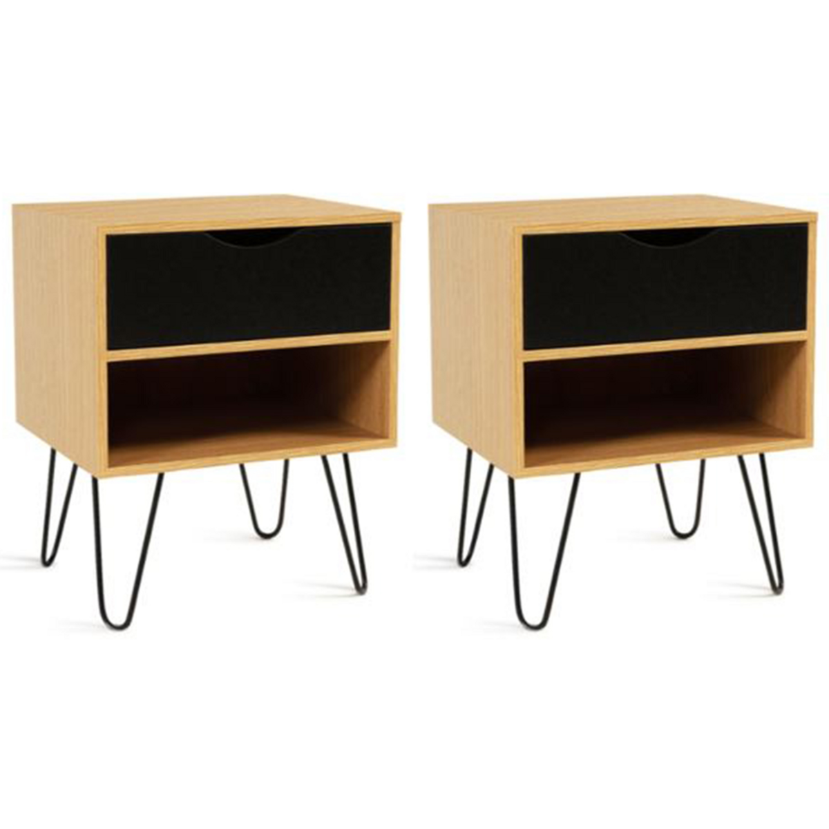 ID MARKET Lot de 2 tables de chevet NOEMI 1 tiroir avec niche bois pied épingle