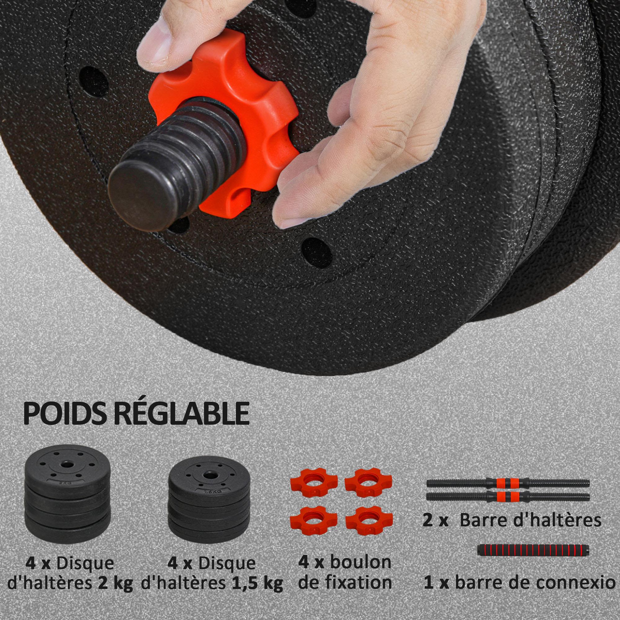 Voir la diapositive 6 : HOMCOM Ensemble d'haltères courtes total 15 kg - barres incluses - entraînement musculaire & haltérophilie - acier hdpe noir rouge