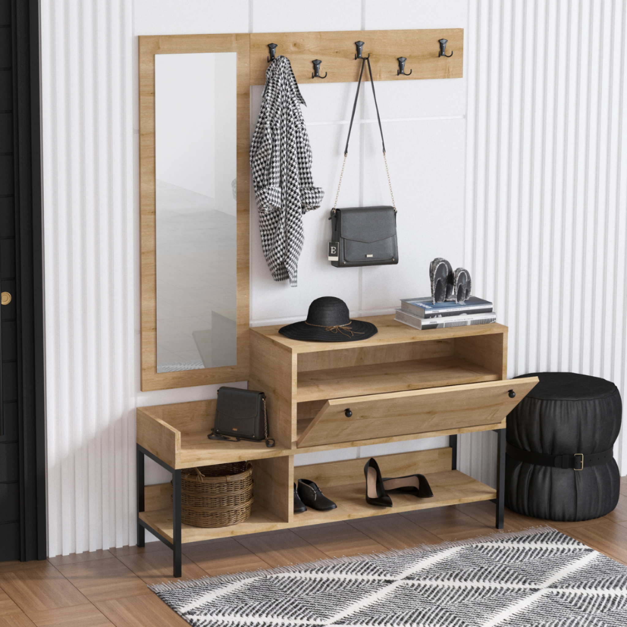 Voir la diapositive 5 : CONCEPT USINE Meuble d'entrée avec porte-manteau et rangement à chaussures DRAGOR