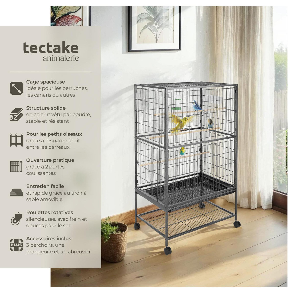 tectake Cage à oiseaux en finition martelée gris anthracite