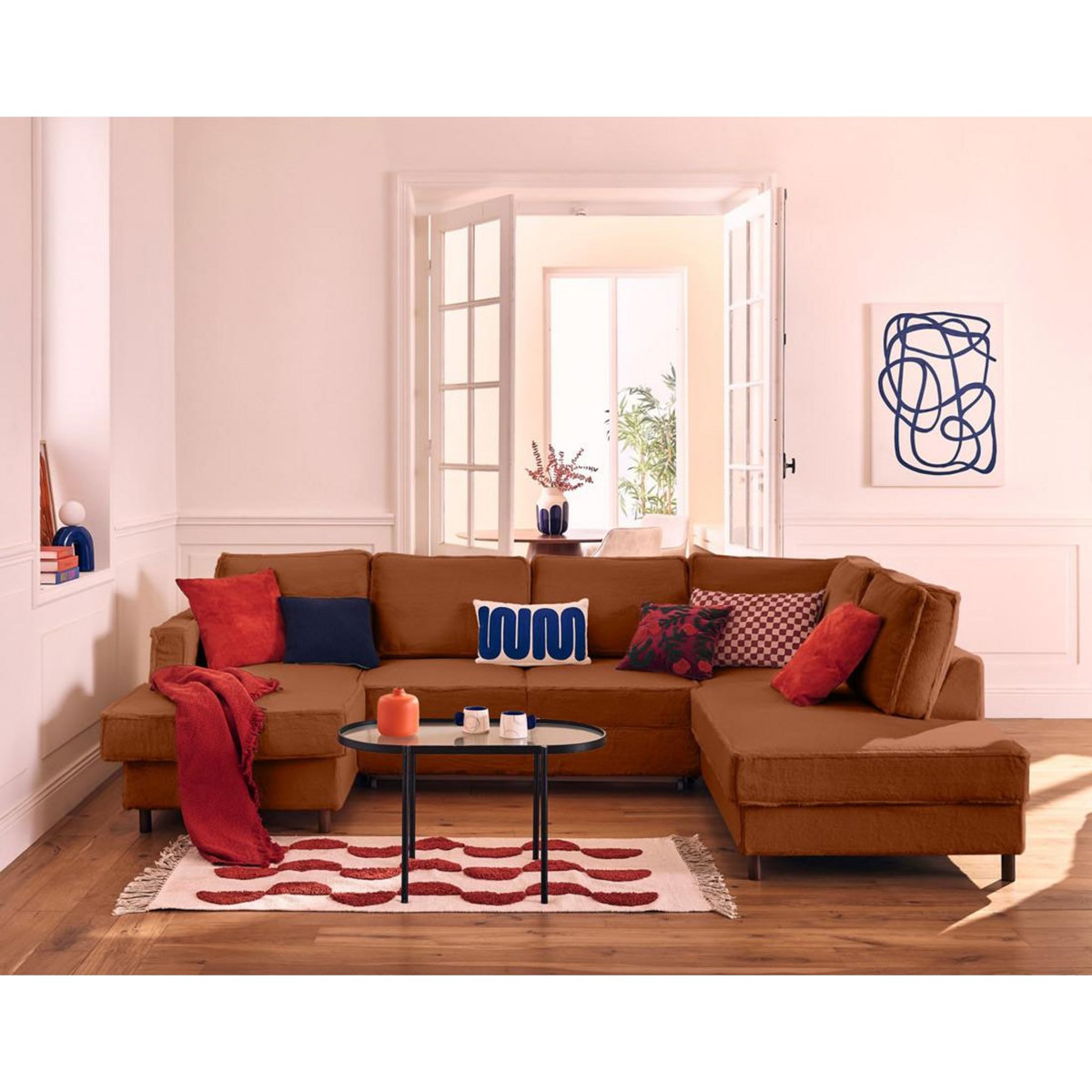 LISA DESIGN Jake - canapé panoramique d'angle droit 7 places convertible avec coffre en fausse fourrure