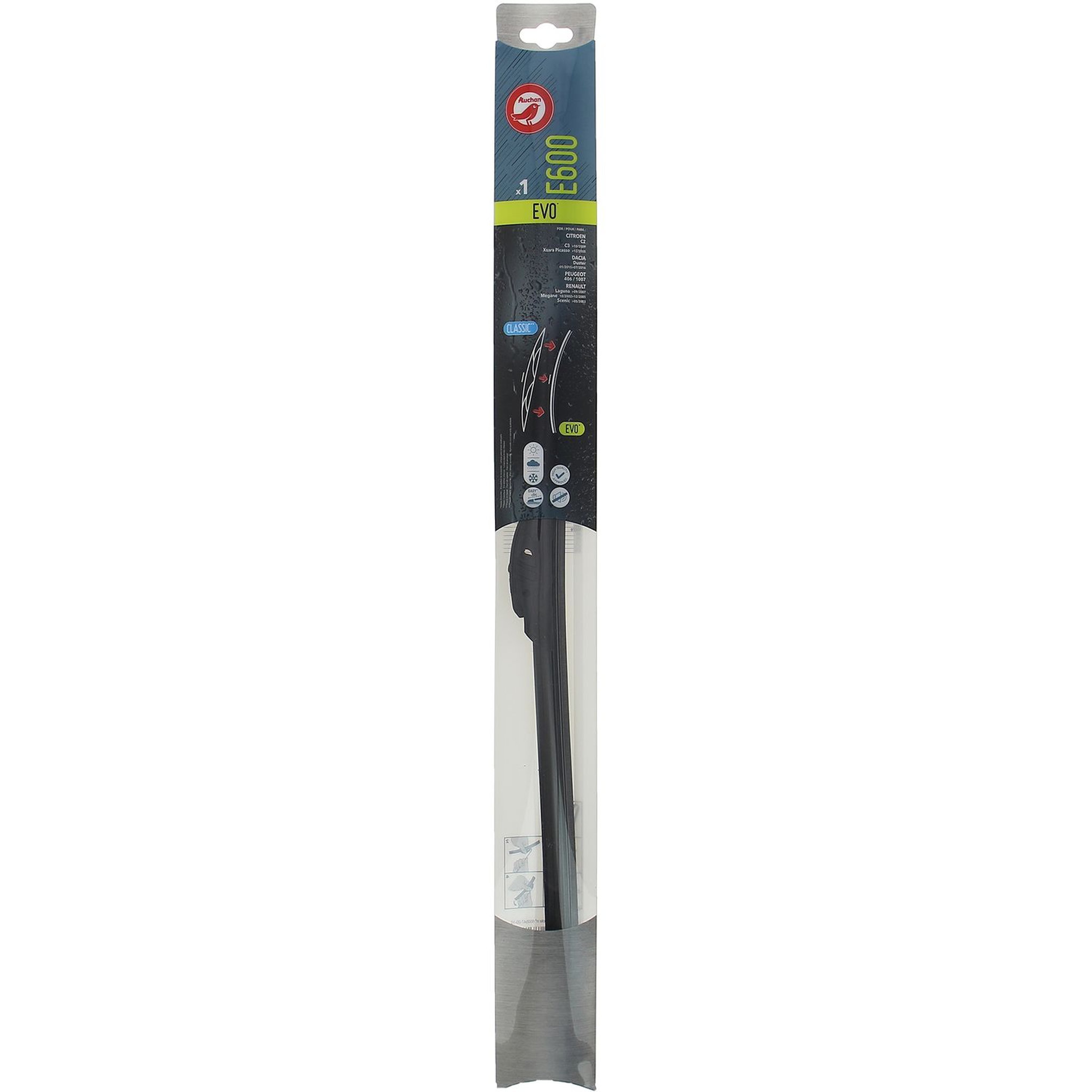 Voir la diapositive 2 : AUCHAN Balai d'essuie-glace EVO E600 60cm pour CITROËN DACIA PEUGEOT RENAULT