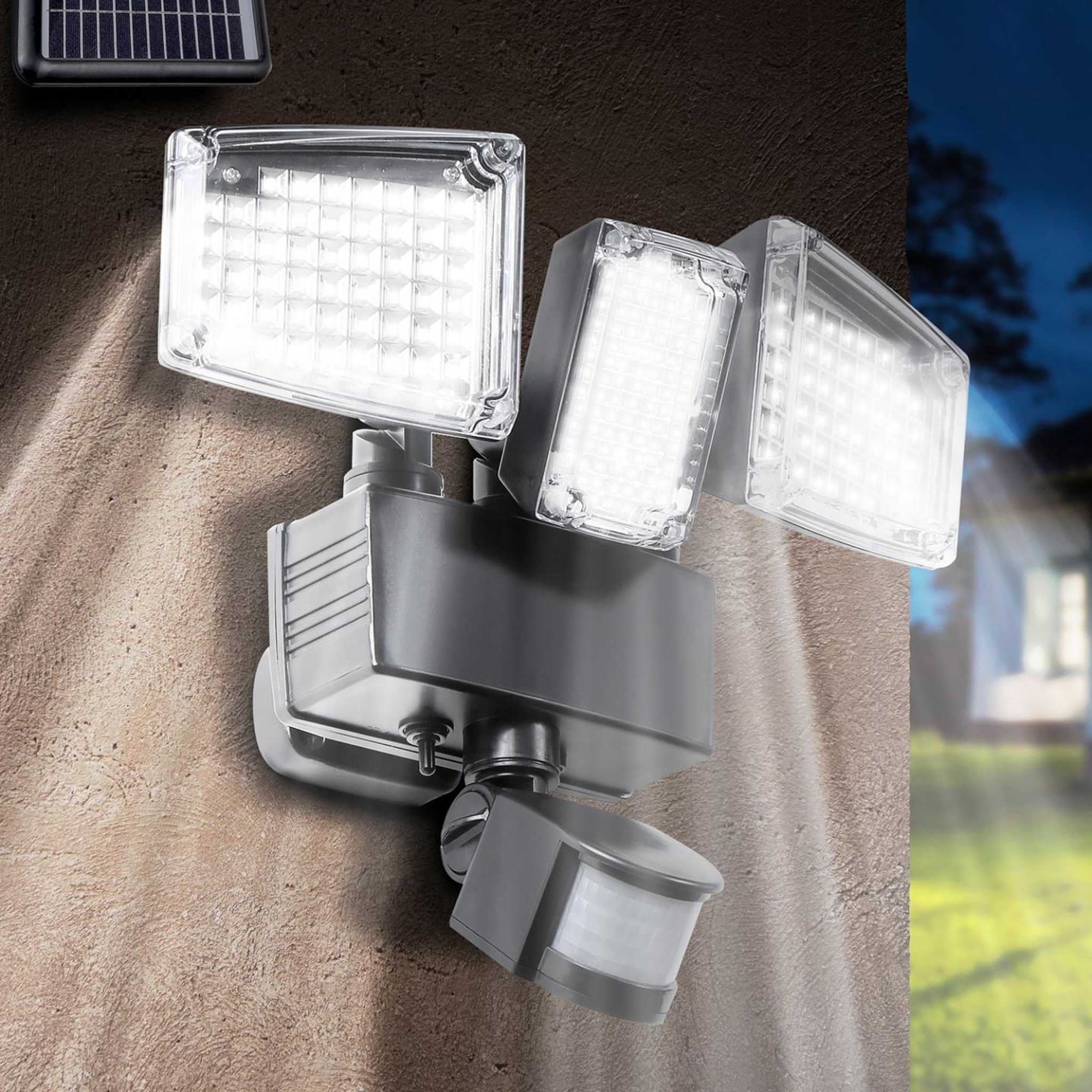 Voir la diapositive 2 : ID MARKET Projecteur solaire 3 têtes 178 led détecteur de mouvement