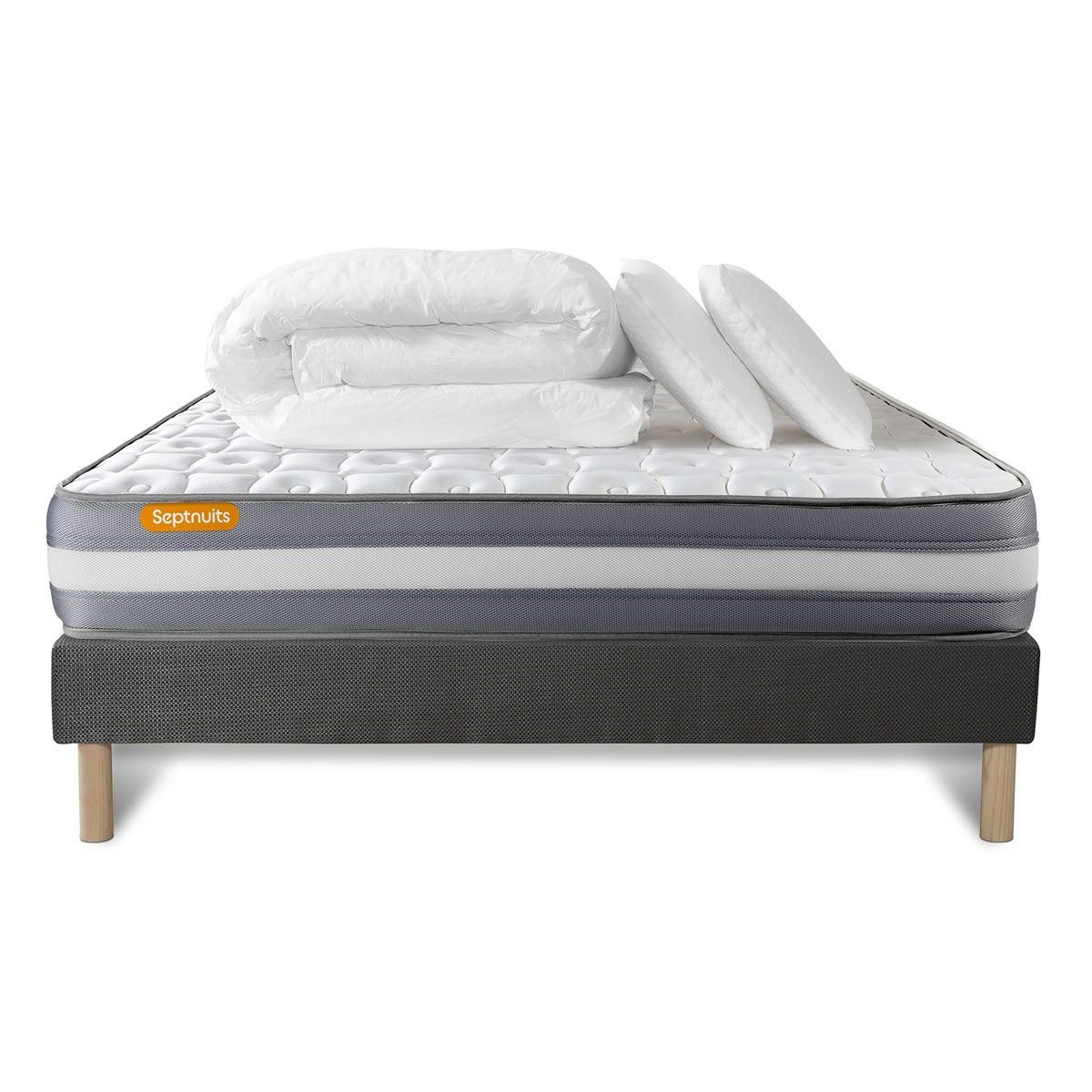 SEPTNUITS PACK matelas + sommier gris Memo Plus Mémoire de forme 3 zones + 2 oreillers + couette