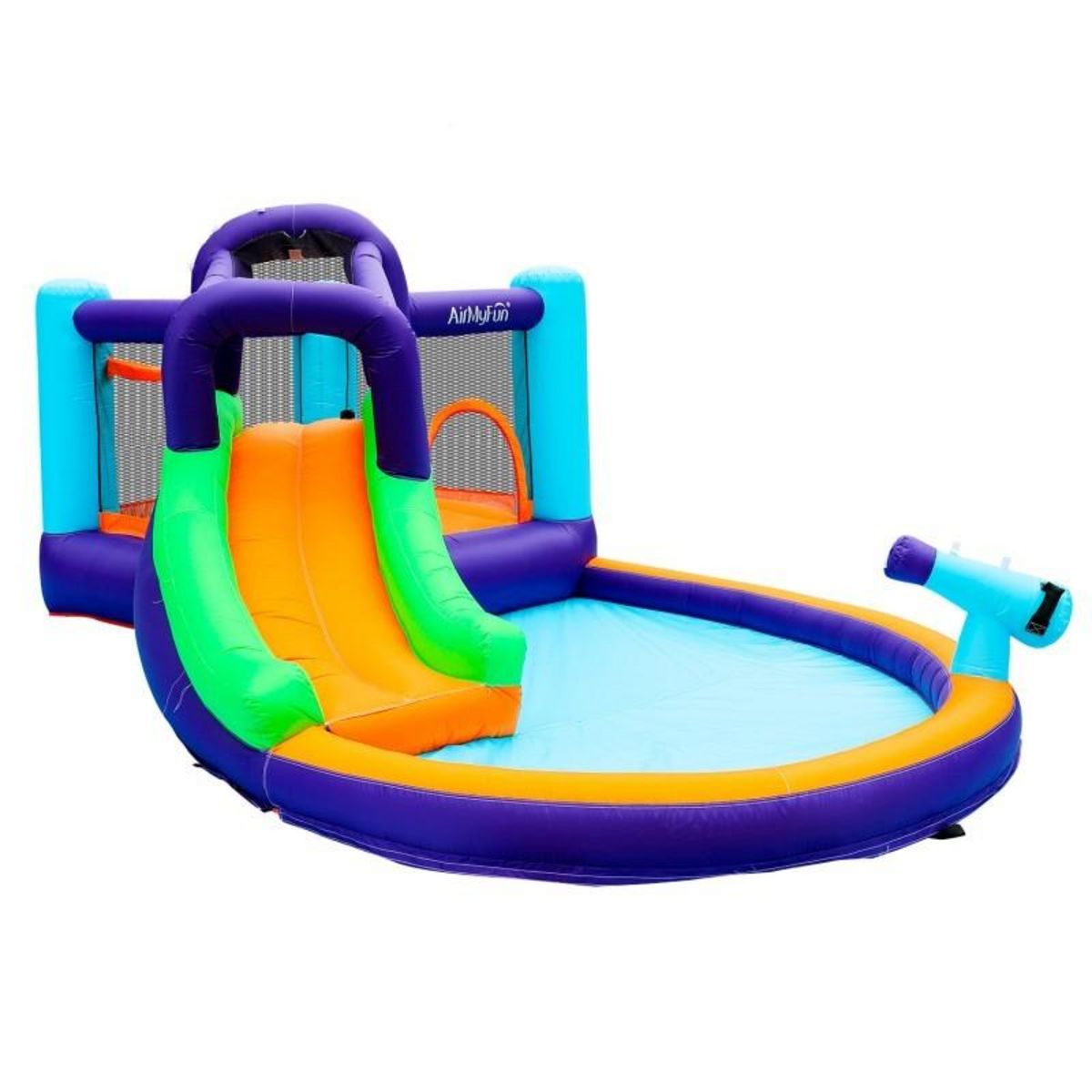 AIRMYFUN Château Aquatique Gonflable Magic Island avec toboggan et canons à eau, 430x380x190 cm - souffleur et sac de rangement inclus
