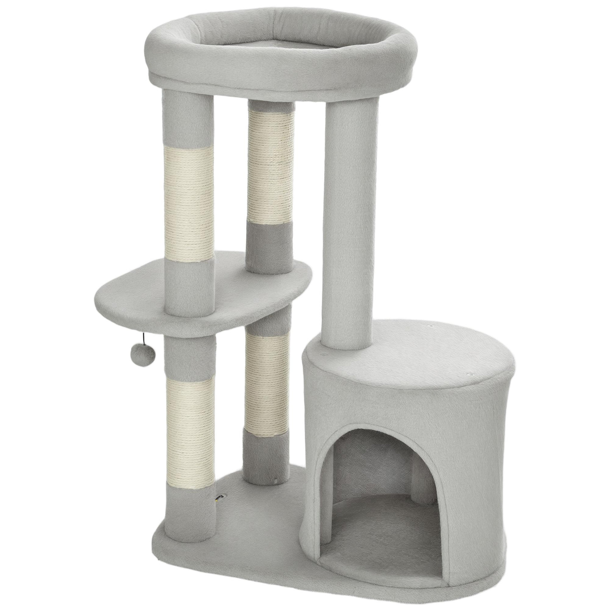 PAWHUT Arbre à chat design gris clair arrondi h.90cm niche 2 plateformes boule griffoirs