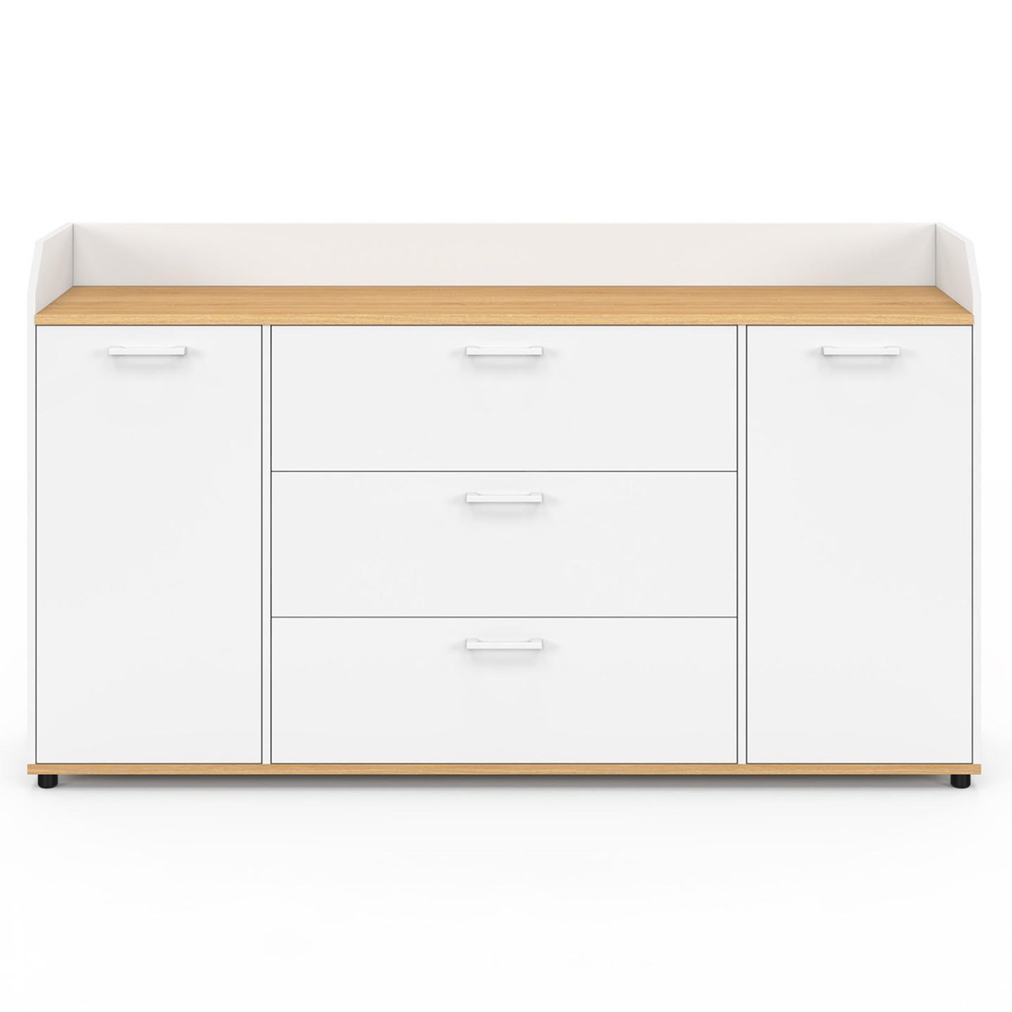 Voir la diapositive 3 : ID MARKET Buffet 140 cm jaba 4 portes avec rebord blanc et plateau bois façon hêtre