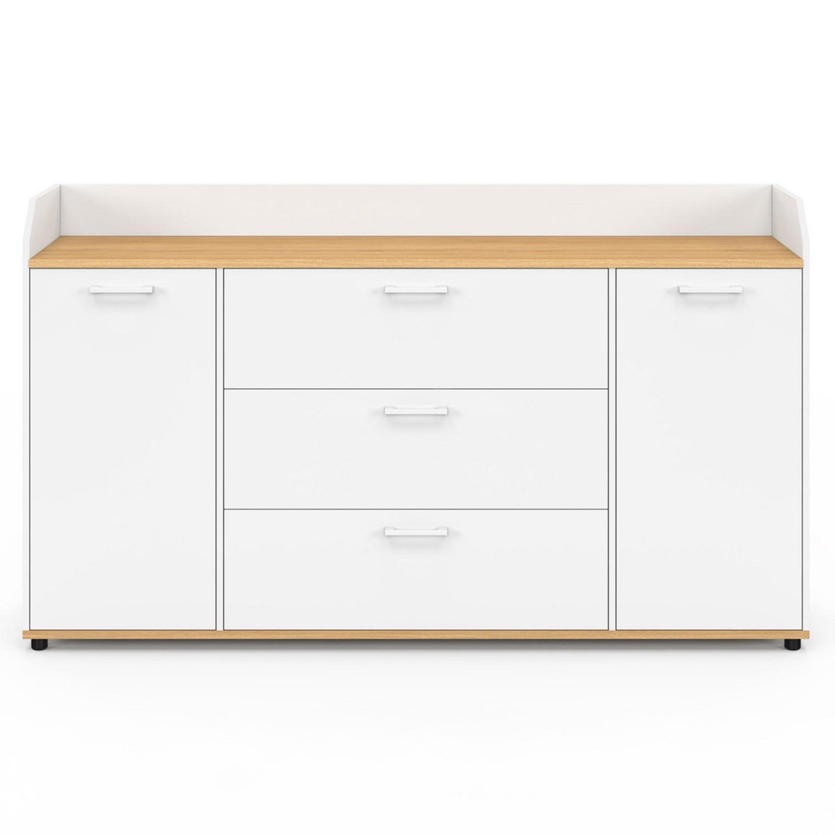 ID MARKET Buffet 140 cm JABA 4 portes avec rebord blanc et plateau bois façon hêtre