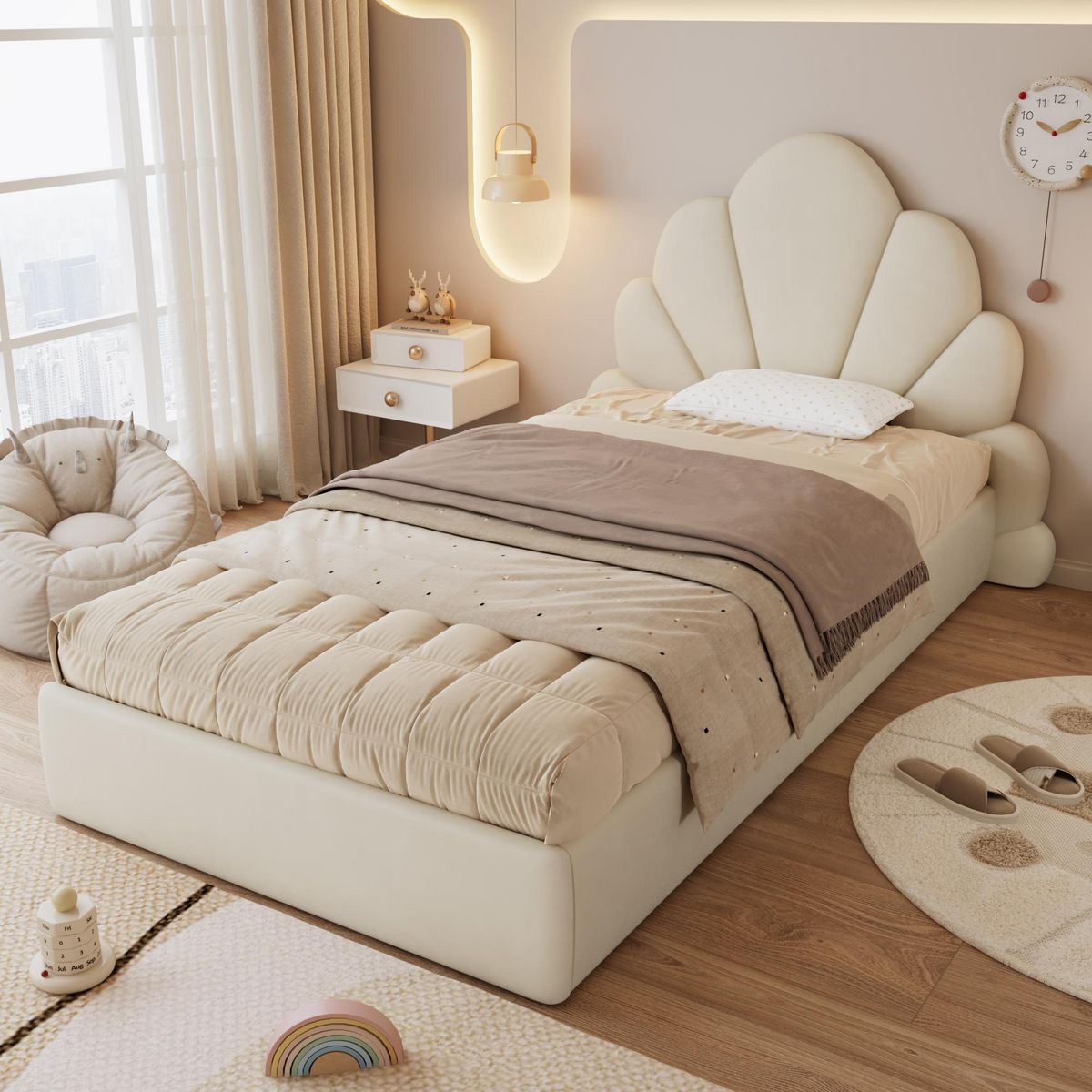 MERAX Lit simple enfant rembourré 90x200cm velours coloris beige