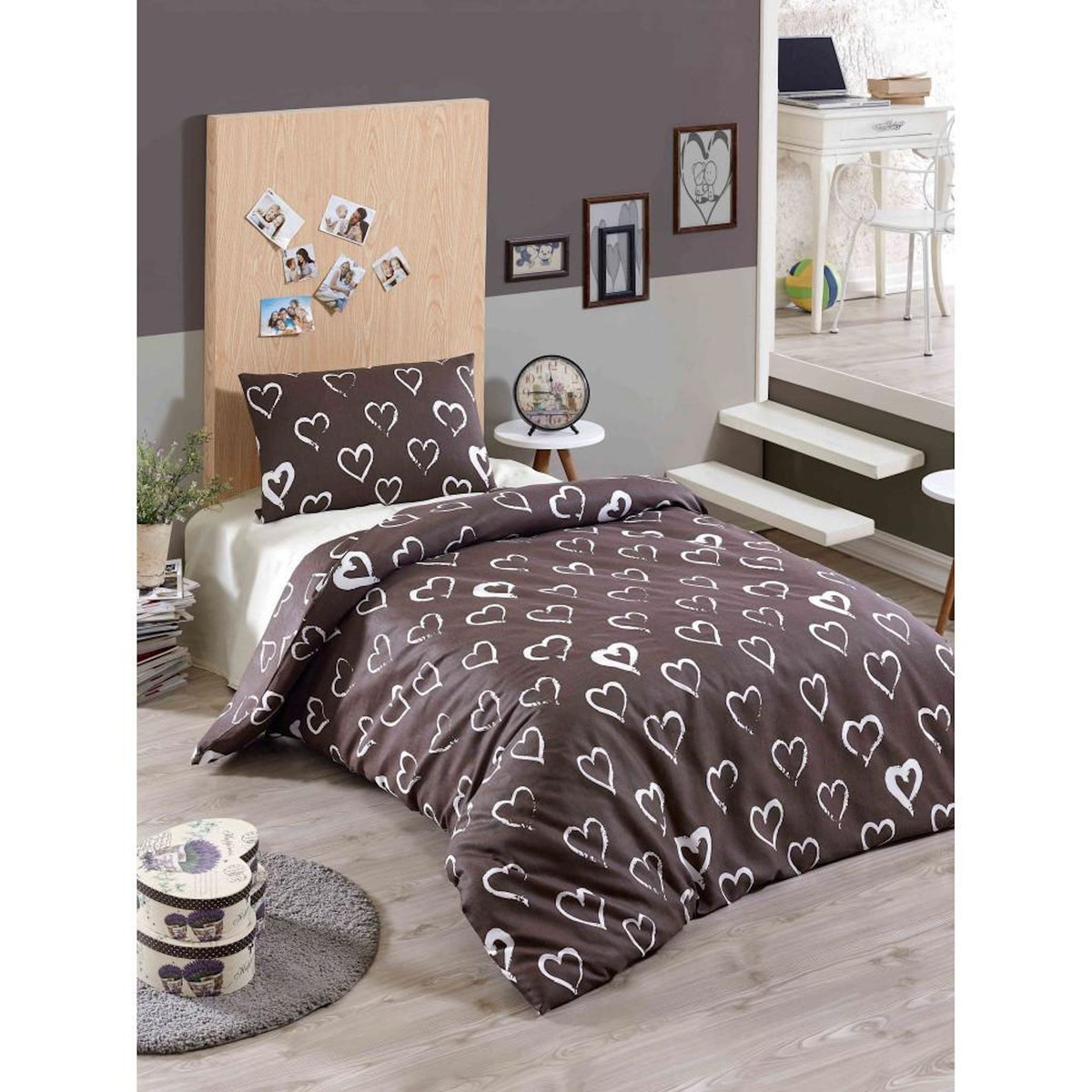 GENERIQUE Parure de lit - 1 housse de couette 140 x 200cm + 1 taies d'oreiller 60 x 60 cm - Imprimé coeur Brun