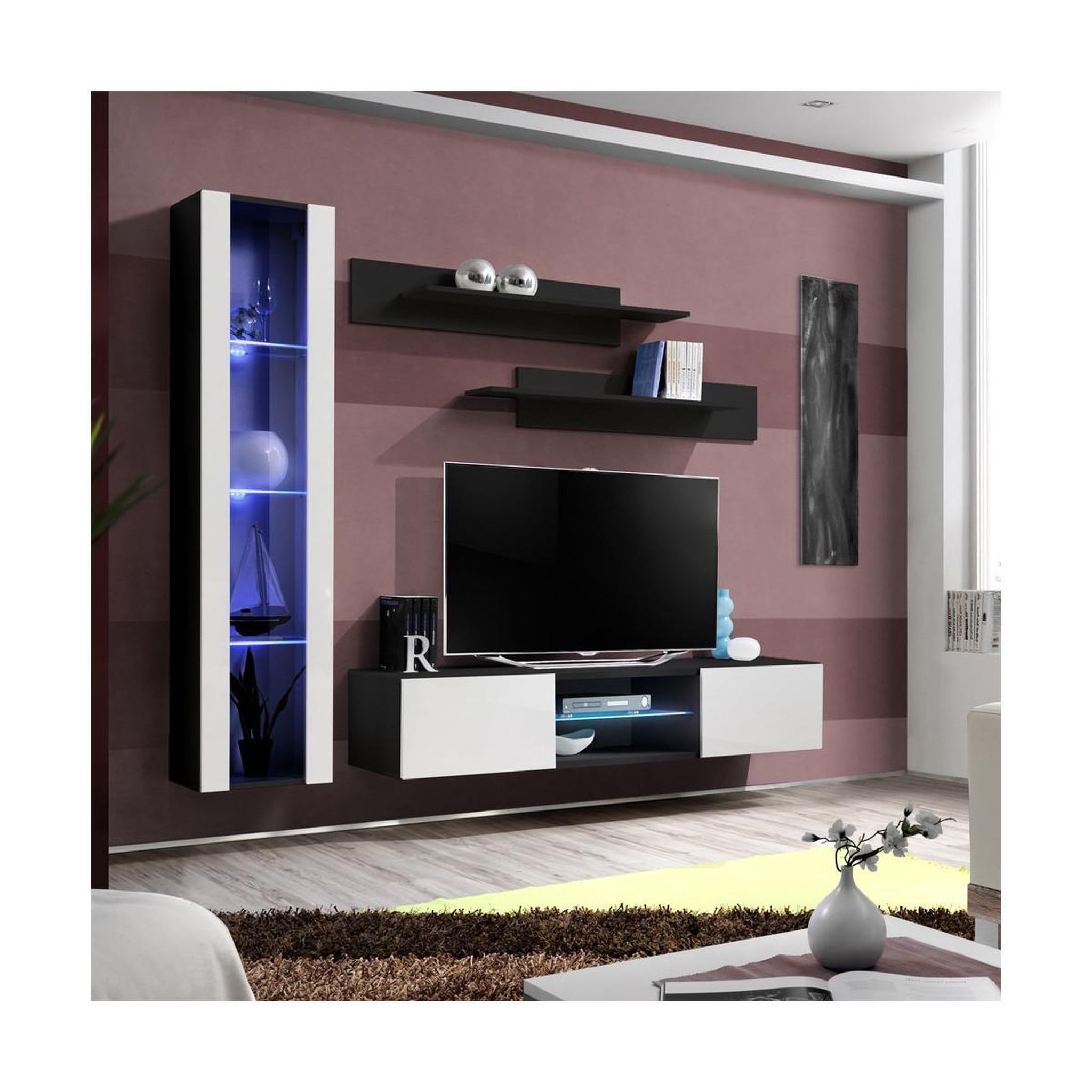 Voir la diapositive 2 : Paris Prix Ensemble meuble tv mural  fly r2  210cm blanc & noir