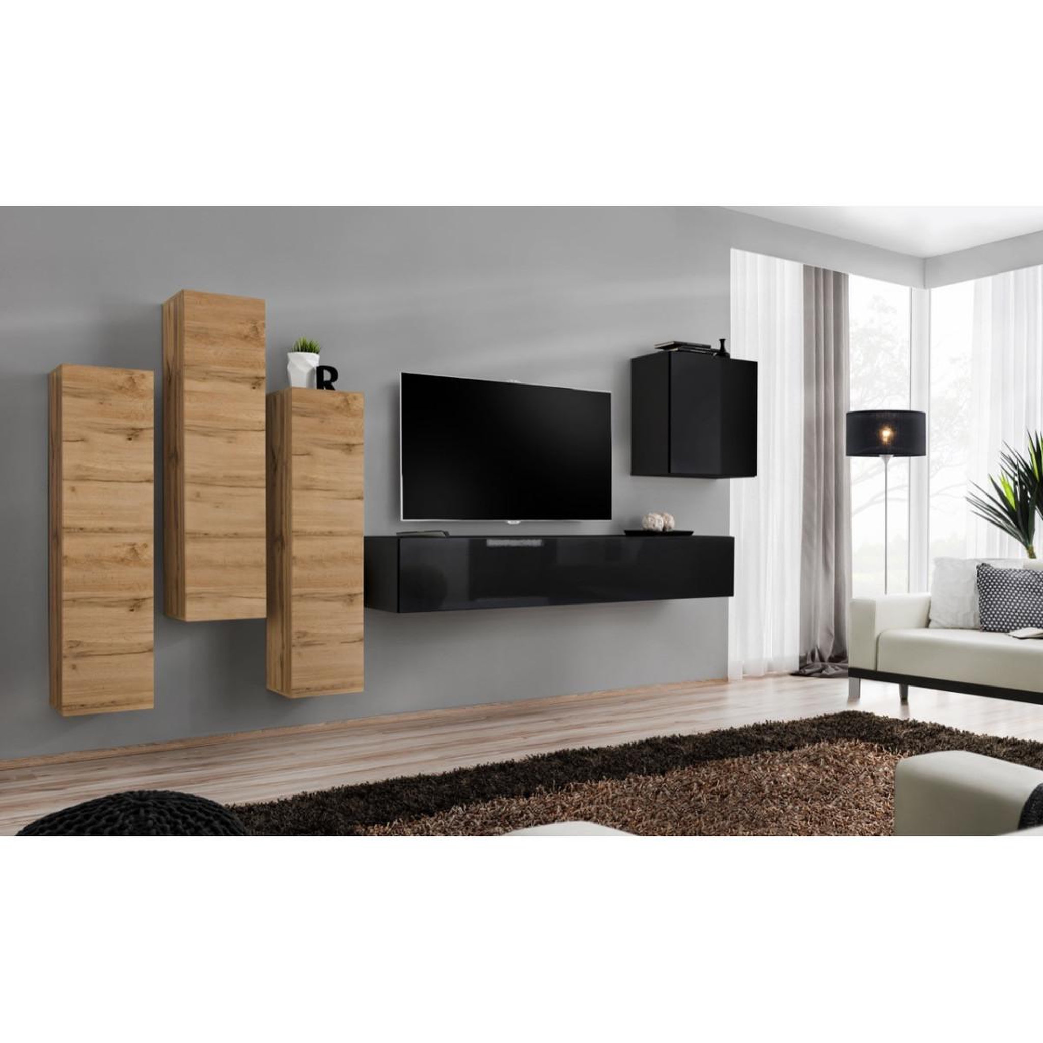 Voir la diapositive 2 : Paris Prix Meuble tv mural design  switch iii  330cm naturel & noir