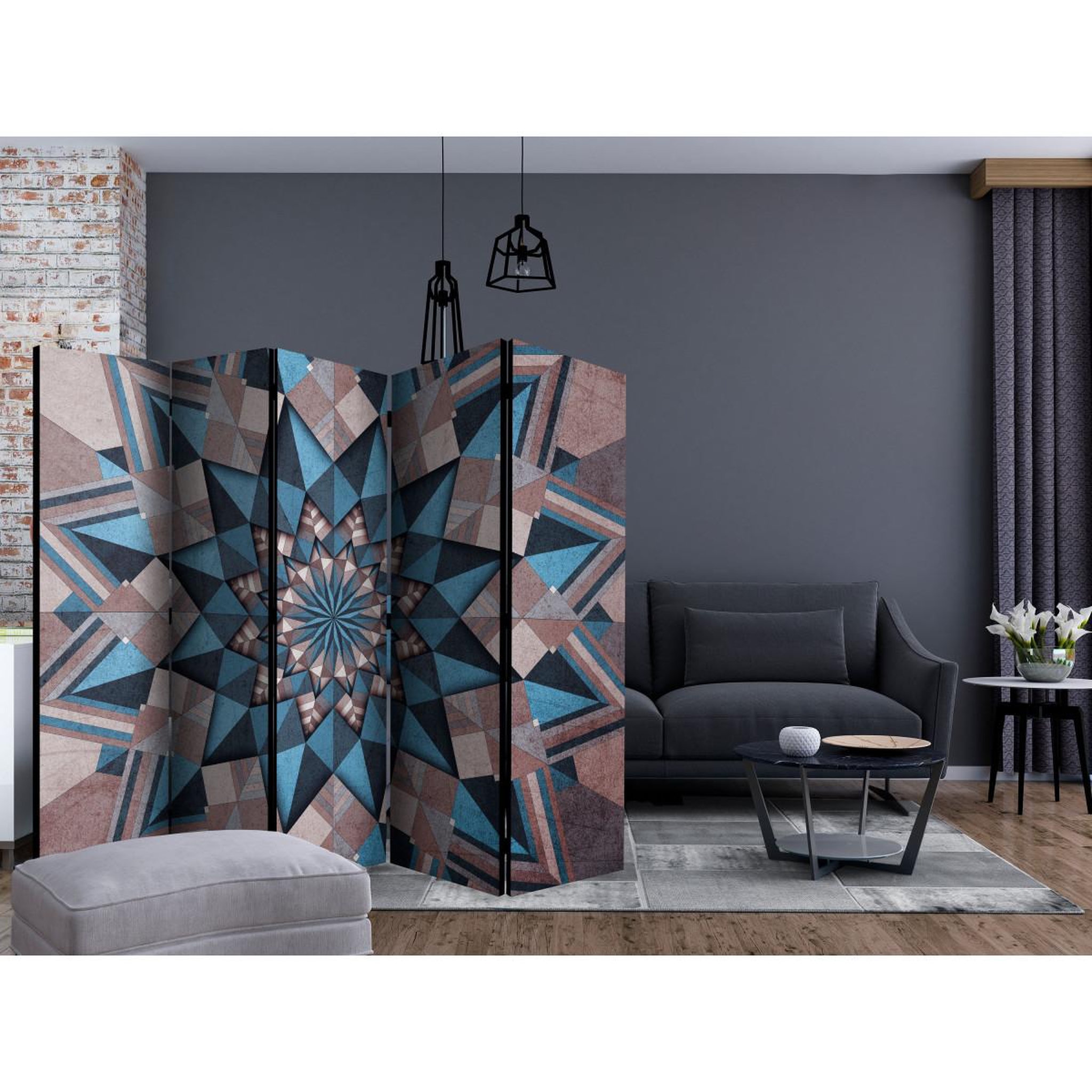 Voir la diapositive 2 : Paris Prix Paravent 5 volets  star mandala brown & blue  172x225cm