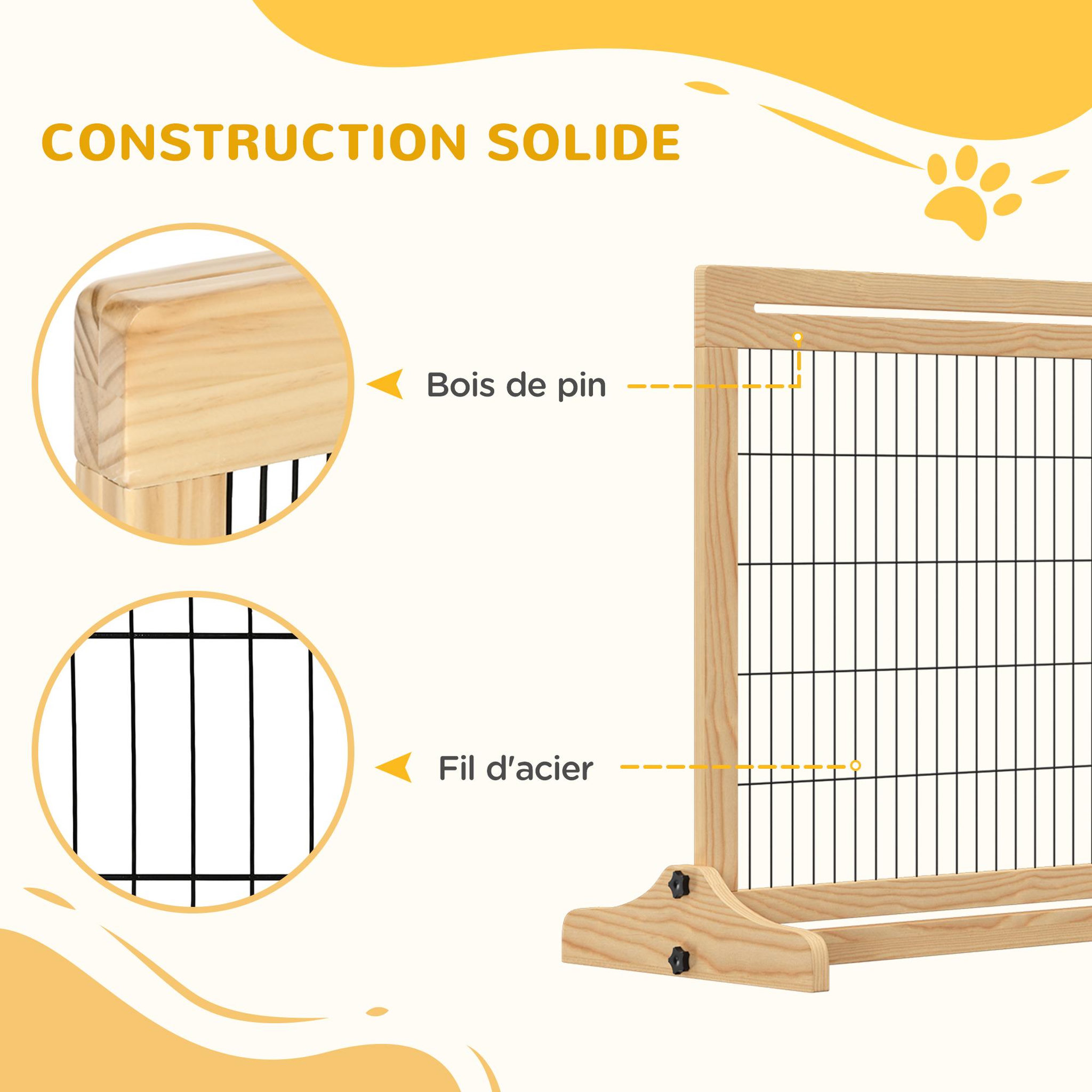 Voir la diapositive 5 : PAWHUT Barrière de sécurité chien barrière autoportante longueur réglable dim. 104-183l x 36l x 69h cm bois pin verni acier noir