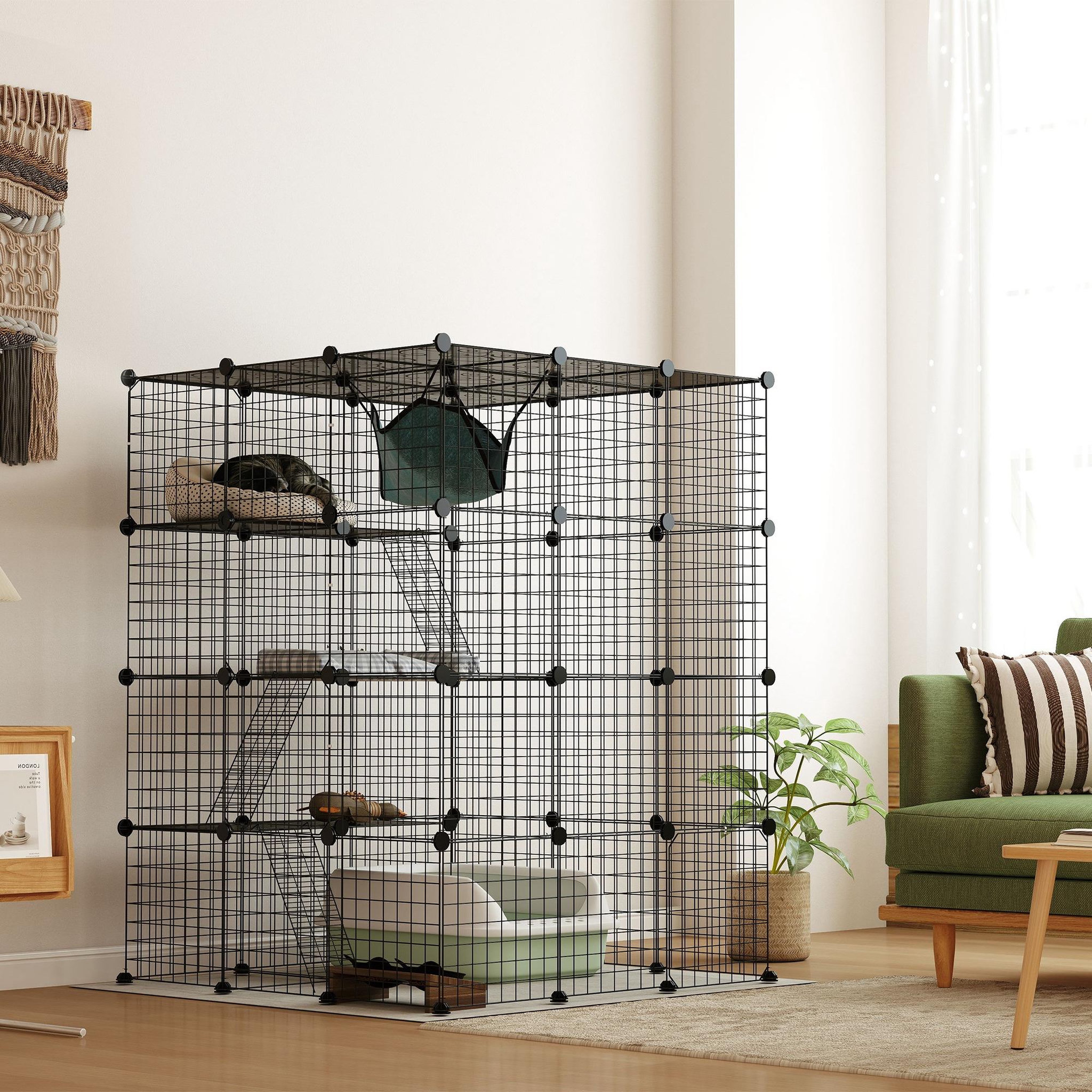 Voir la diapositive 2 : PAWHUT Cage chat intérieur - parc chat diy - 4 niv. 5 portes hamac plateformes rampes - acier noir