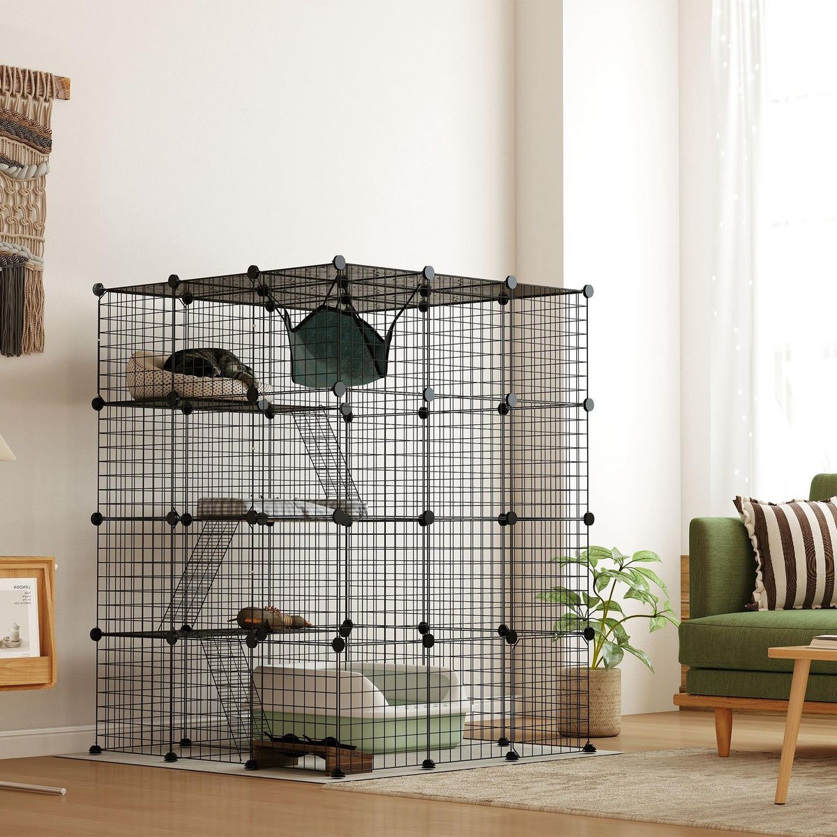 PAWHUT Cage chat intérieur - parc chat DIY - 4 niv. 5 portes hamac plateformes rampes - acier noir